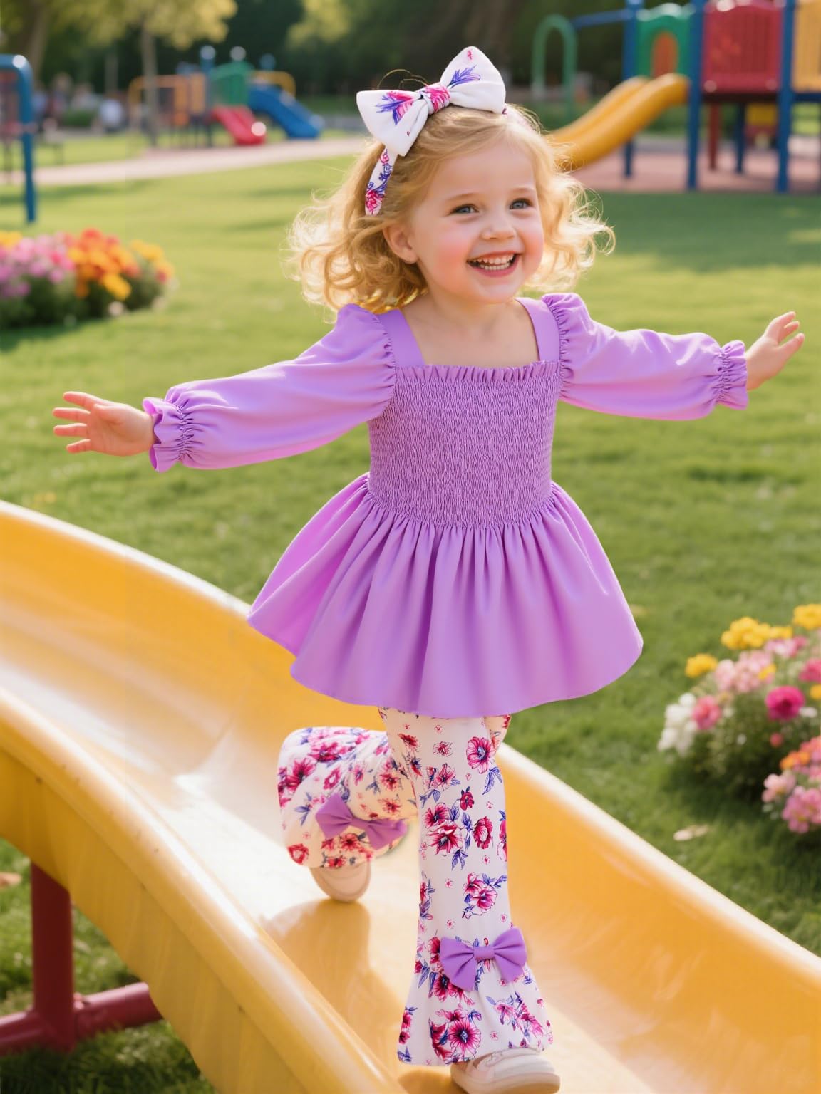 UNICOMIDEA Girls Clothes Set Shirt Top and Flare Pants with Bowknot 2-5T Kids 3 Piece Outfit For Girl