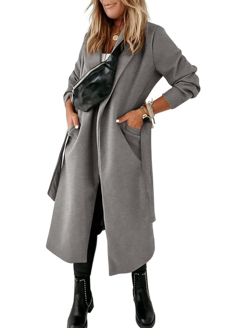 Womens Classic Coat Lapel Collar Open Front Belted Long Jacket