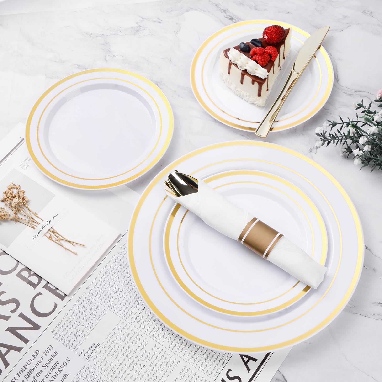 350PCS Gold Plastic Dinnerware Set, Disposable Party Plates for 50 Guests, Include: 100 Plastic Plates, 50 Pre Rolled Napkins with Gold Silverware, 50 Cups