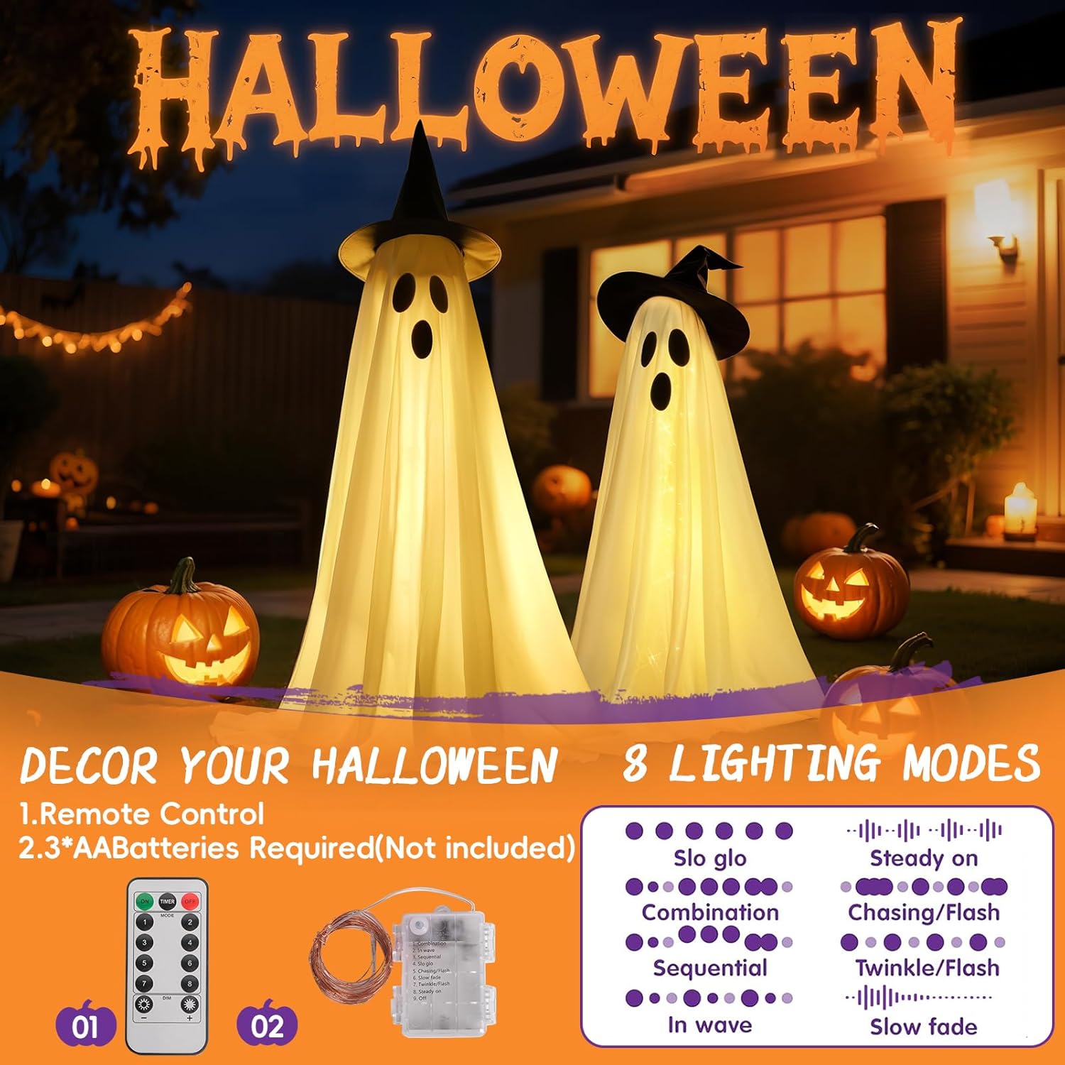 2 Pack Halloween Decorations Outdoor, Cute Ghost Halloween Party Decorations with Remote Control String Lights, Spooky Ghost Halloween Lights Outdoor Decorations for Porches, Yards, Gardens, Lawn
