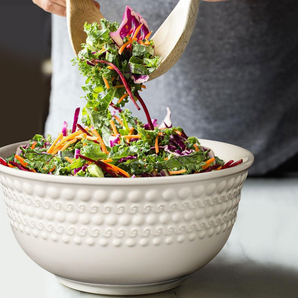 Large Salad Bowls Set of 4, 60oz White Serving Bowls Deep Deep Embossed Ceramic Mixing Bowl for Soup Kitchen, Eating, Ramen, Pasta, Dishwasher & Microwave Safe 8 inch (Multiple Patterns)
