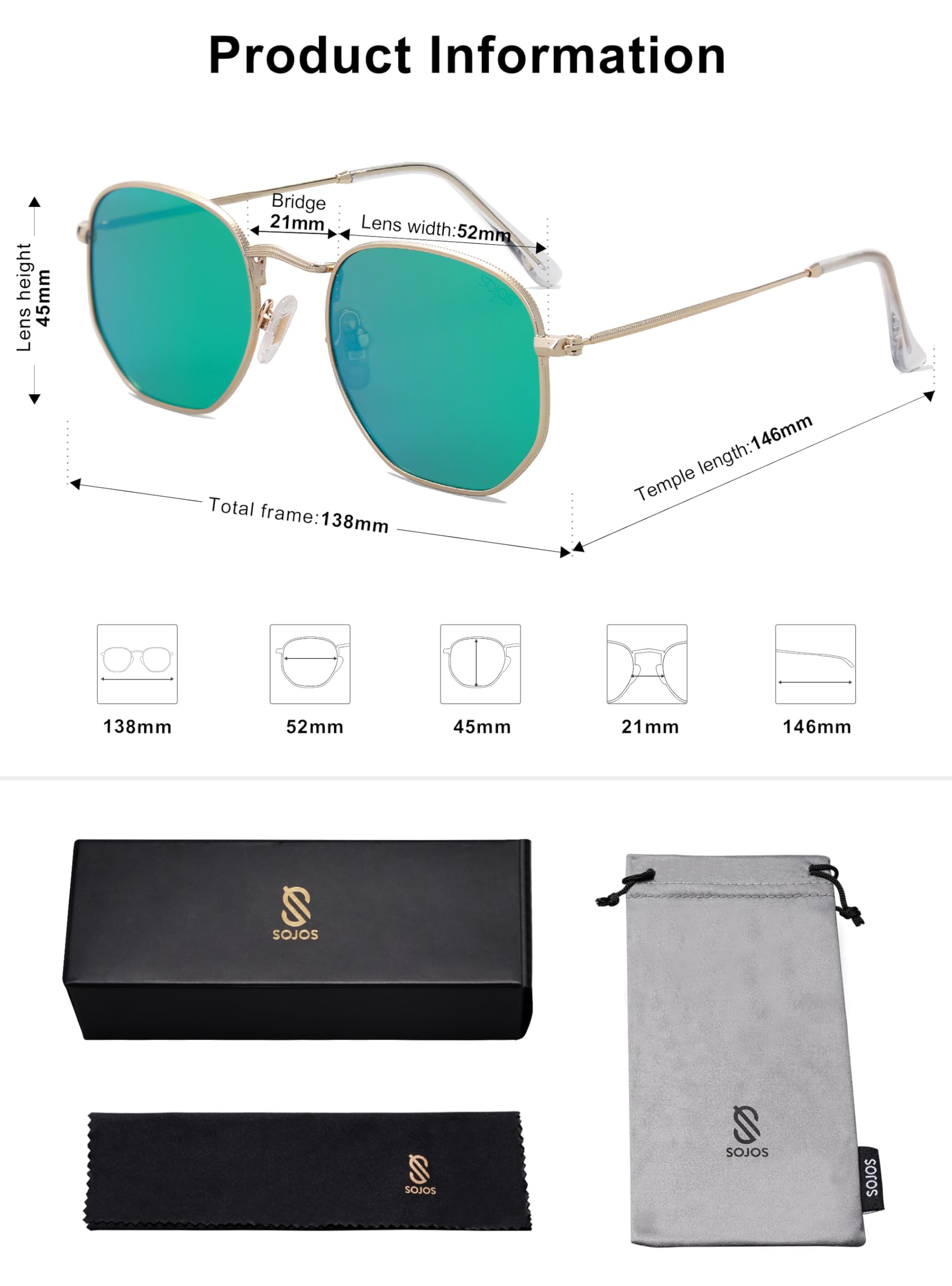 SOJOS Square Polarized Sunglasses for Women Men Small Hexagonal Polygon Shades SJ1072