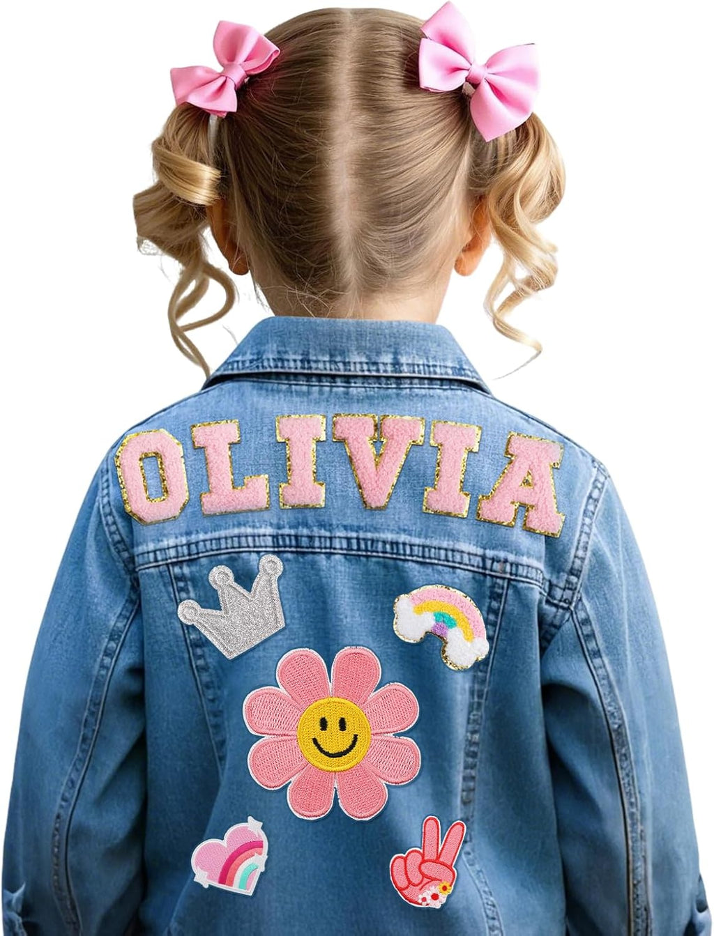 Personalized Kids Patch Denim Jacket with Names, Custom Long Sleeve Jean Jacket, Back to School Brithday Easter Gifts for Toddlers, 1-8 Years Old Girls Clothes, Girls Spring Outfits