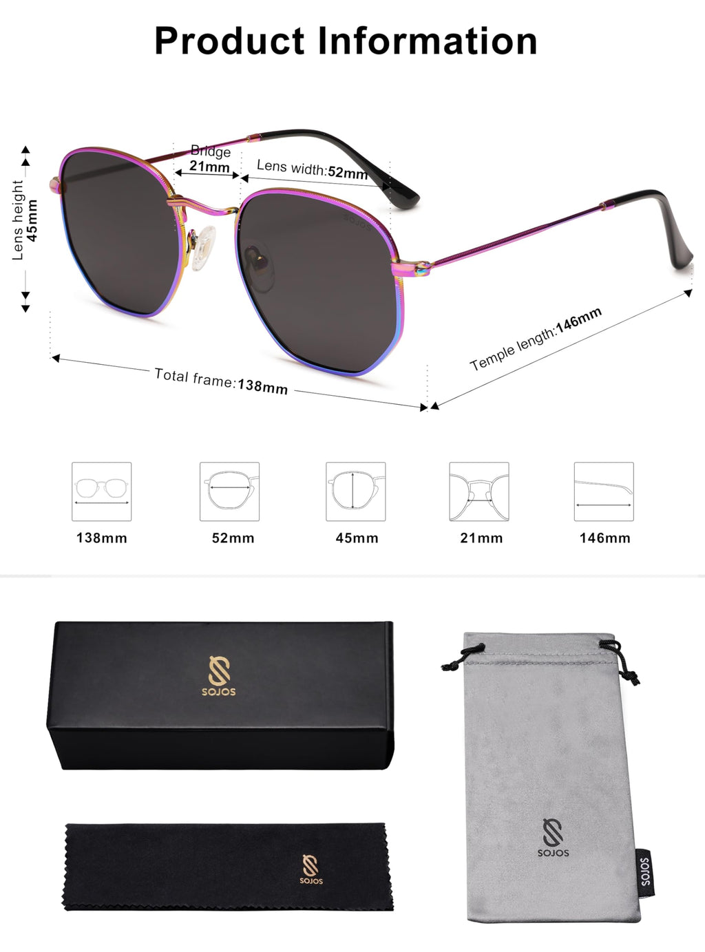 SOJOS Square Polarized Sunglasses for Women Men Small Hexagonal Polygon Shades SJ1072