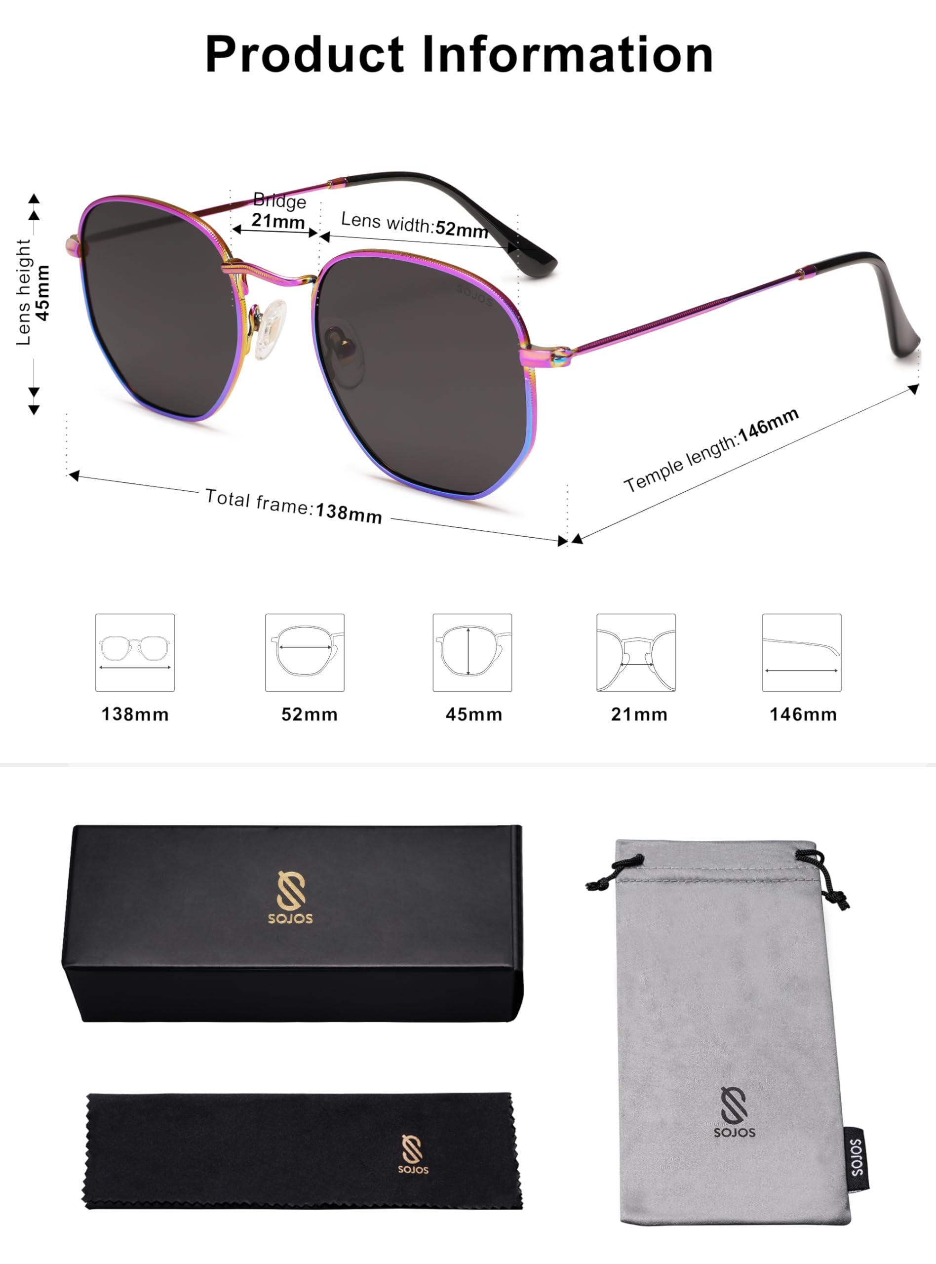 SOJOS Square Polarized Sunglasses for Women Men Small Hexagonal Polygon Shades SJ1072