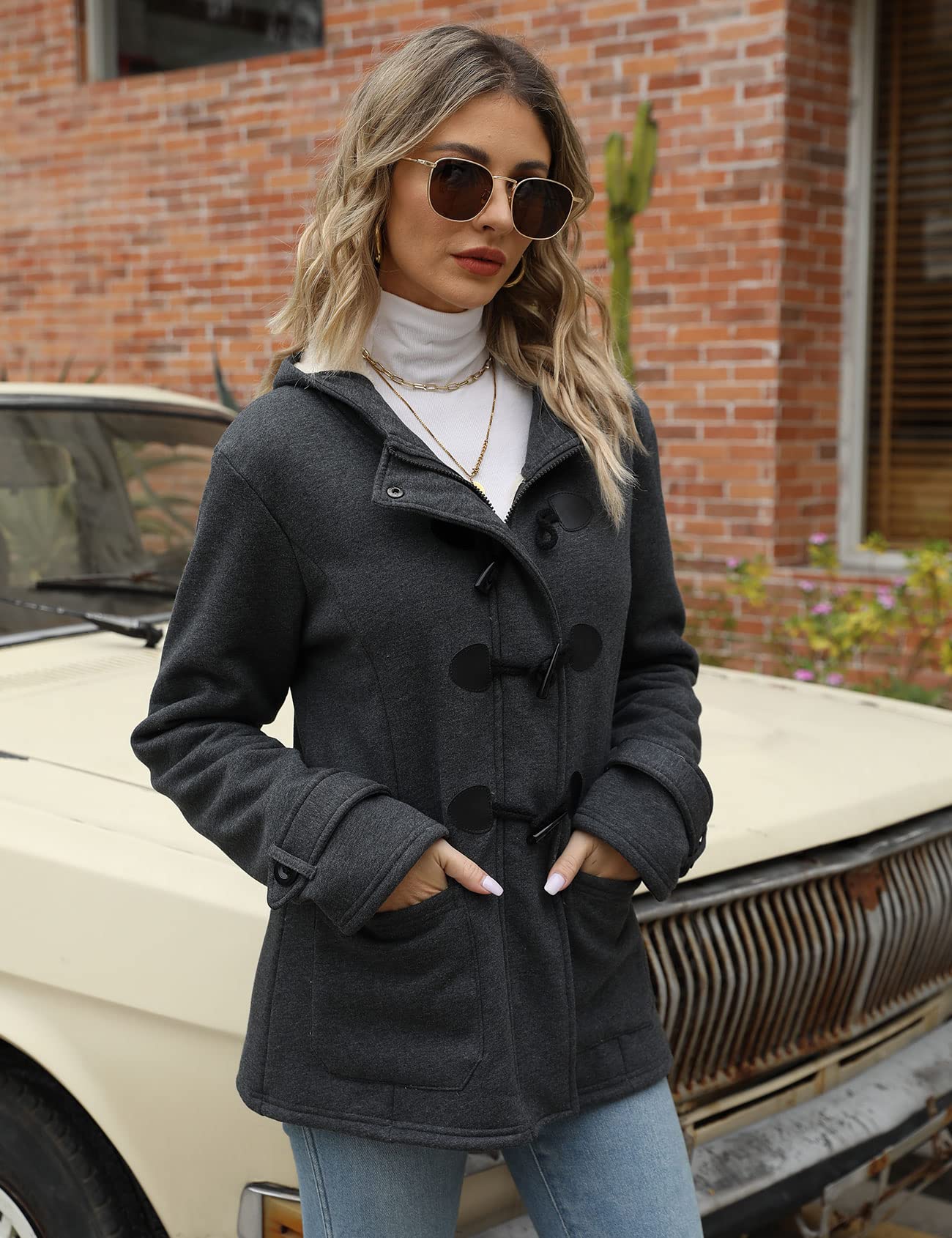 Gihuo Winter Jackets for Women Sherpa Lined Jacket Women Duffle Toggle Coat Hooded Fleece Jacket