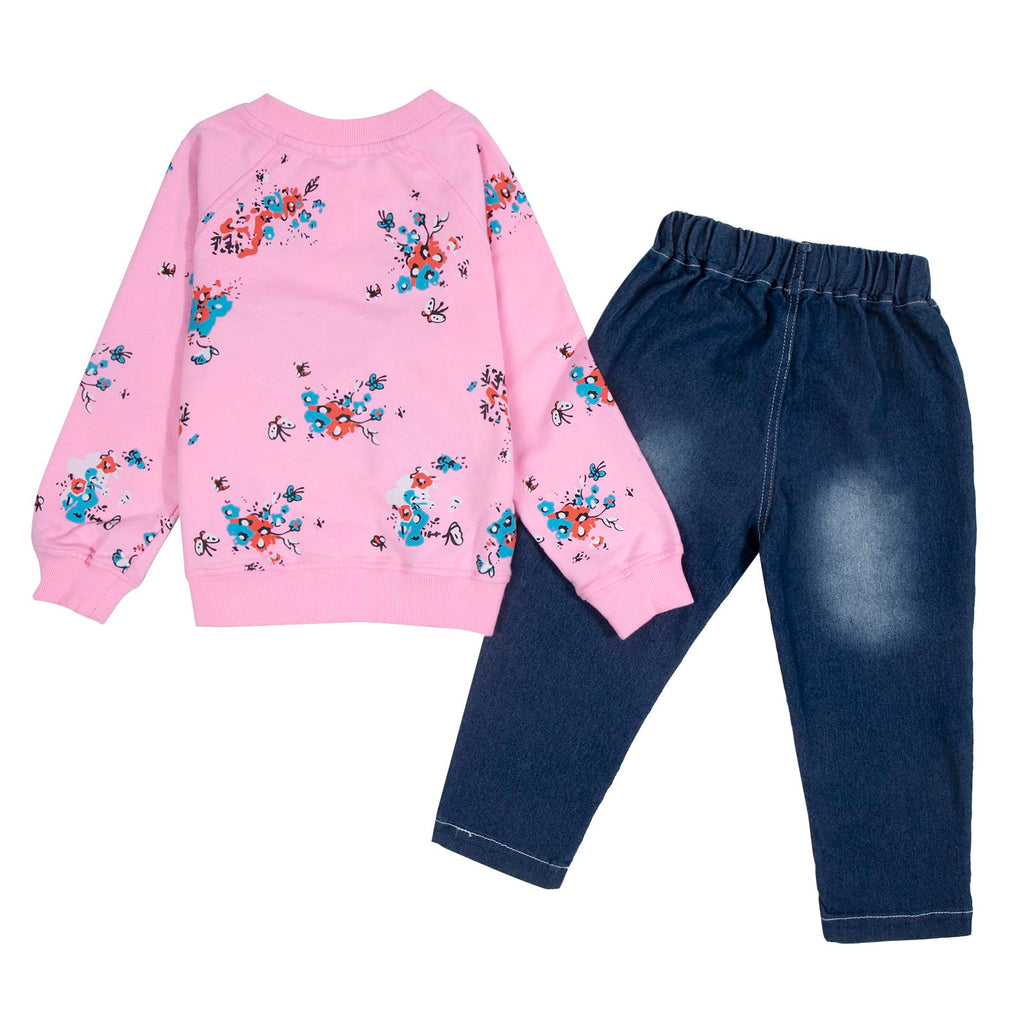 LUKYCILD Toddler Girl Clothes Baby Girl Long Sleeve Top + Jeans Pants with Pockets 2 Piece Outfit Cartoon Clothing Set