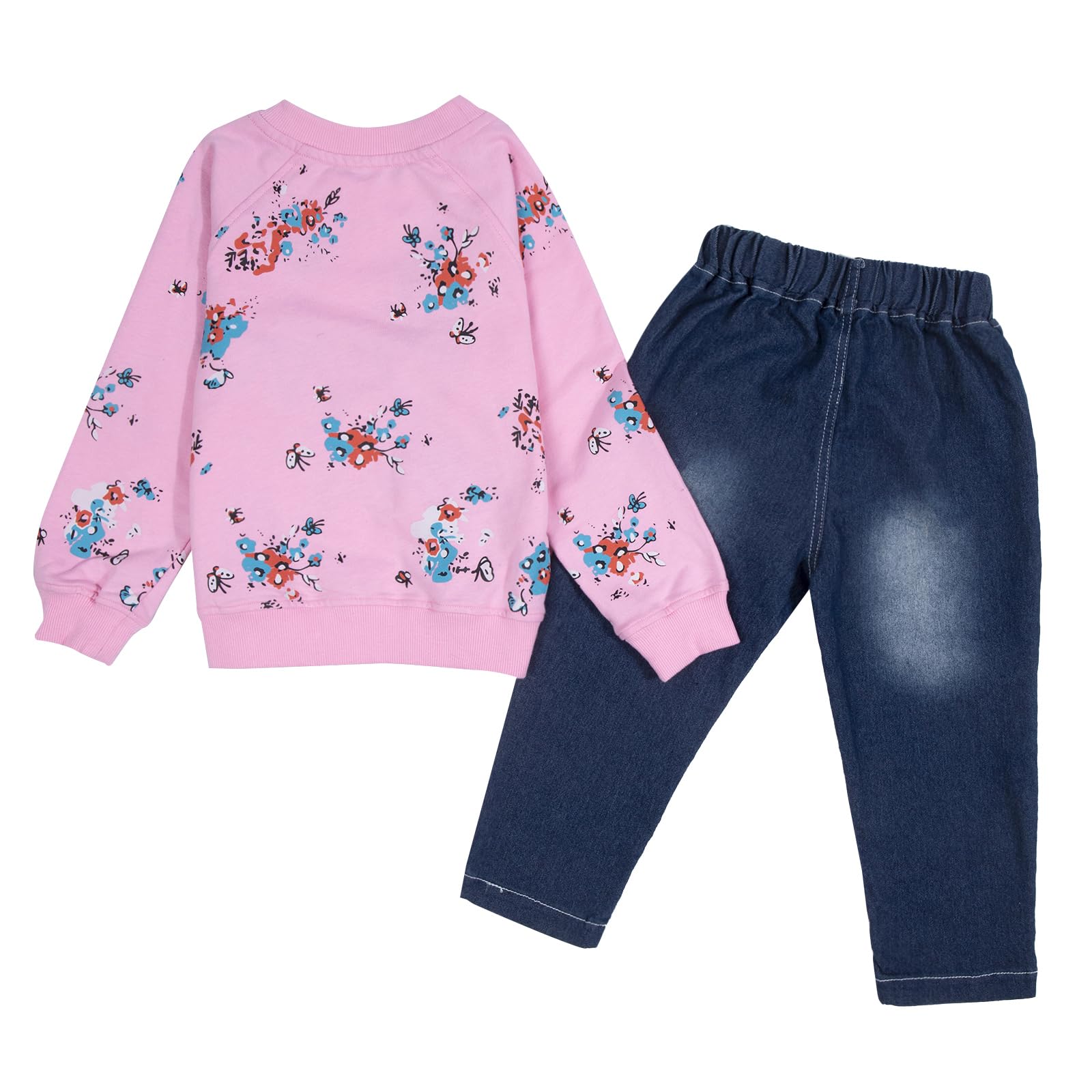 LUKYCILD Toddler Girl Clothes Baby Girl Long Sleeve Top + Jeans Pants with Pockets 2 Piece Outfit Cartoon Clothing Set