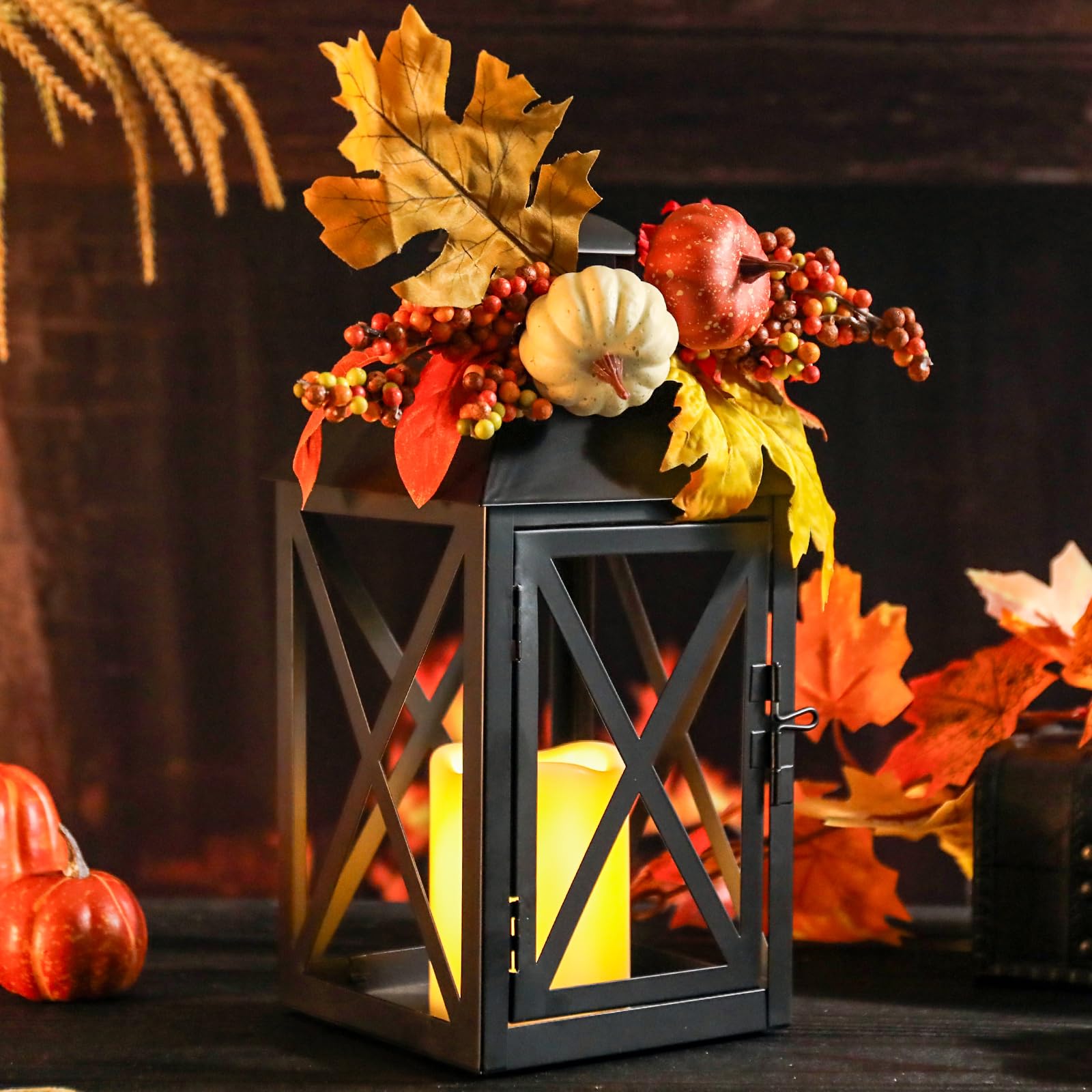 2 Pack Fall Lantern Decor with LED Candle – 12 Inch Harvest Pumpkin Maple Leaf Hanging Lantern for Autumn Thanksgiving Table Centerpiece Indoor Outdoor Decoration, Battery Operated