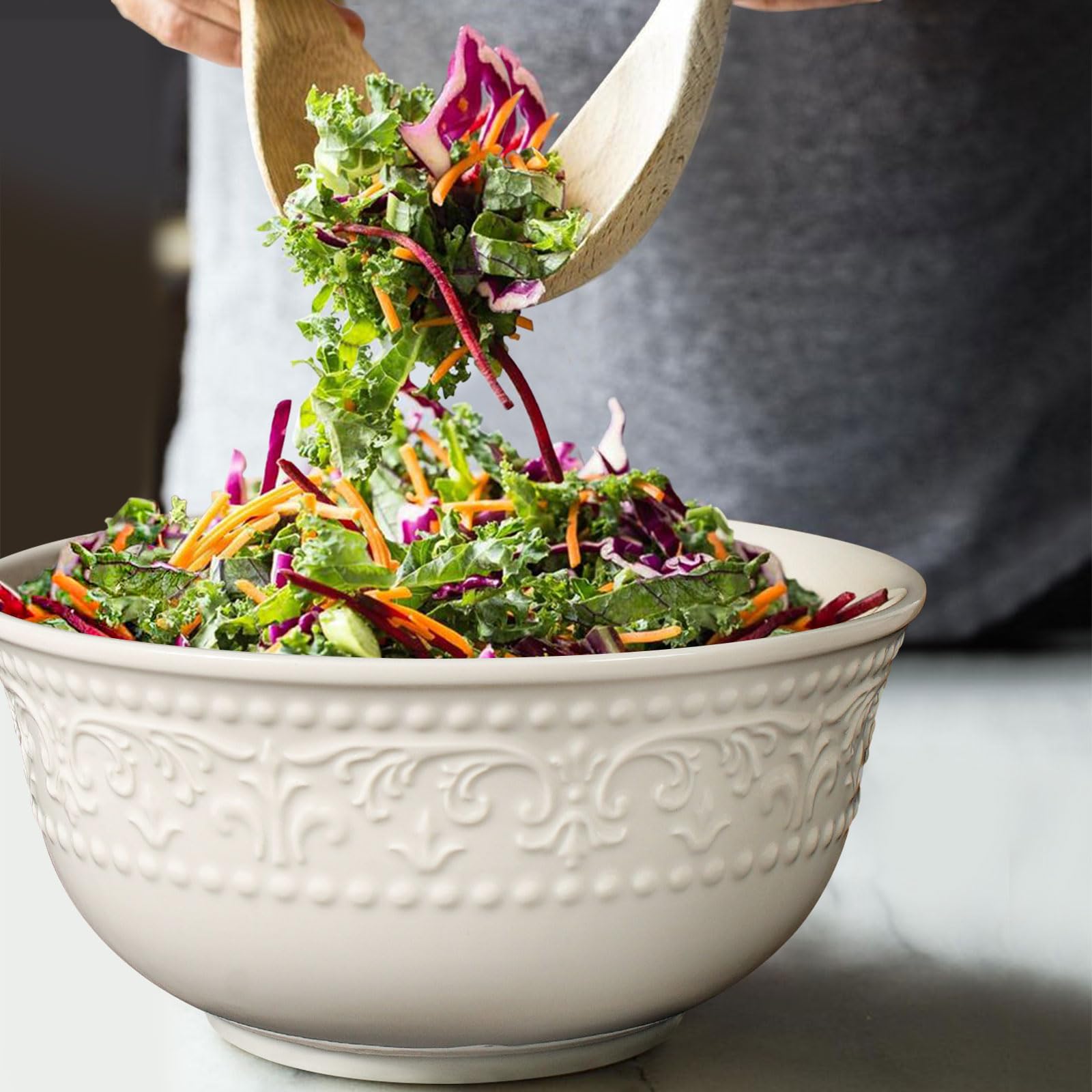 Large Salad Bowls Set of 4, 60oz White Serving Bowls Deep Deep Embossed Ceramic Mixing Bowl for Soup Kitchen, Eating, Ramen, Pasta, Dishwasher & Microwave Safe 8 inch (Multiple Patterns)