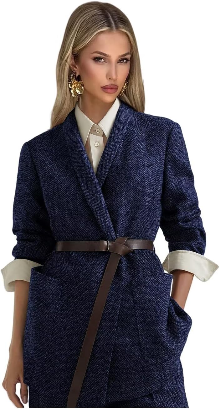 Tweed Suits for Women Dressy 2 Piece Herringbone Blazer and Pants with Belt Shawl Lapel Business Casual Outfits