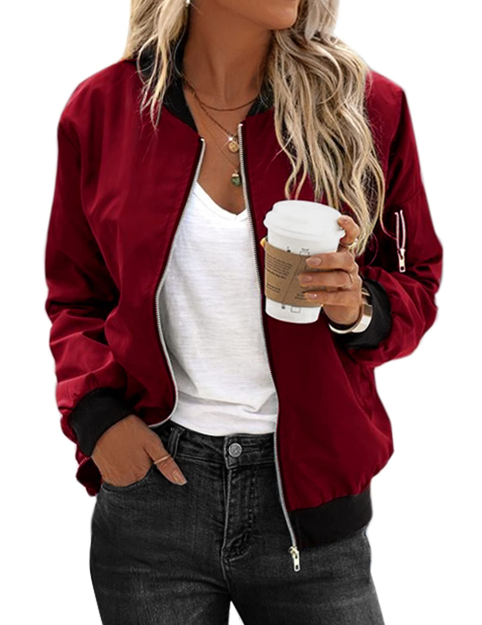 Zeagoo Women's Bomber Jacket Casual Coat Zip Up Spring Fall Clothes with Pockets S-XXL