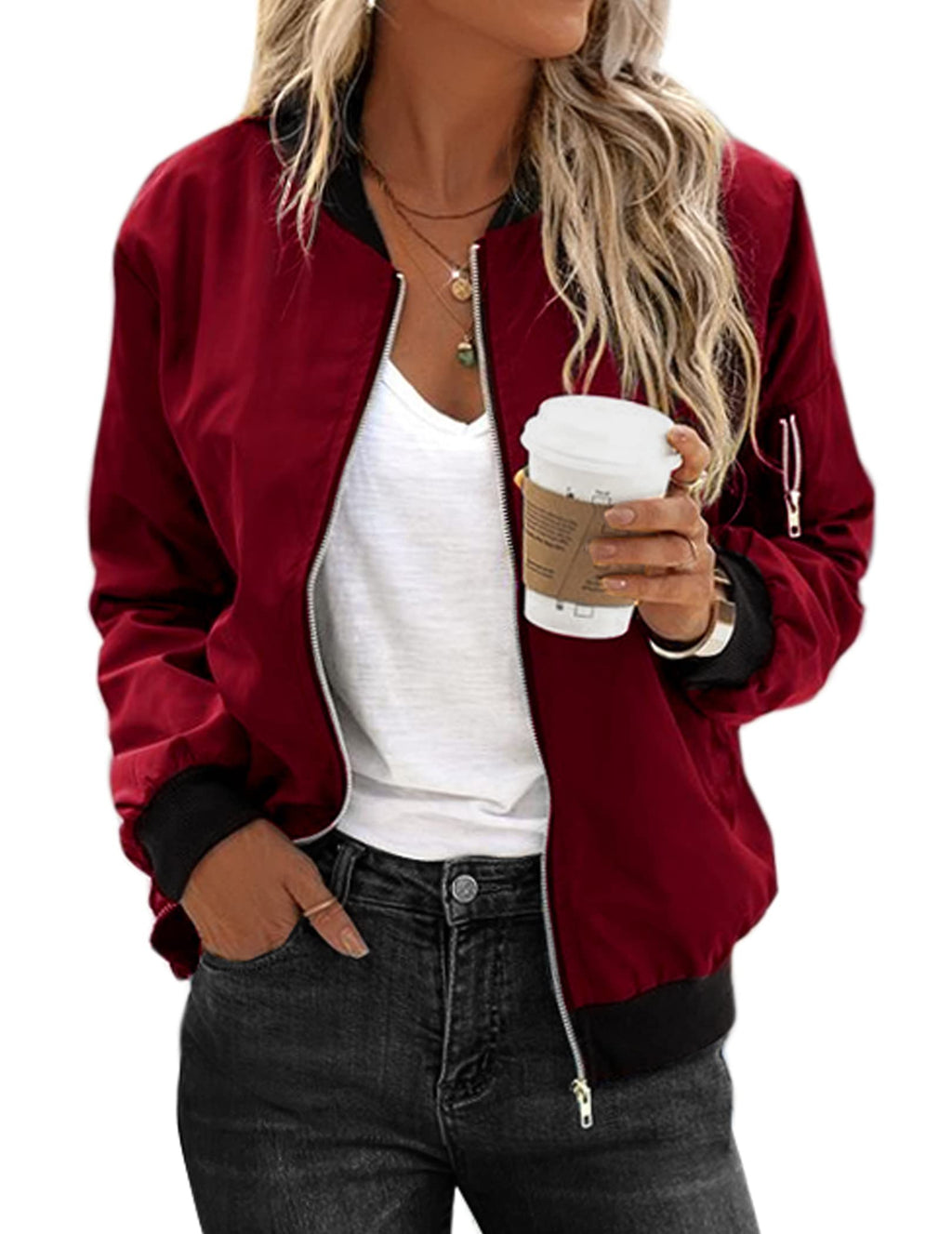 Zeagoo Women's Bomber Jacket Casual Coat Zip Up Spring Fall Clothes with Pockets S-XXL