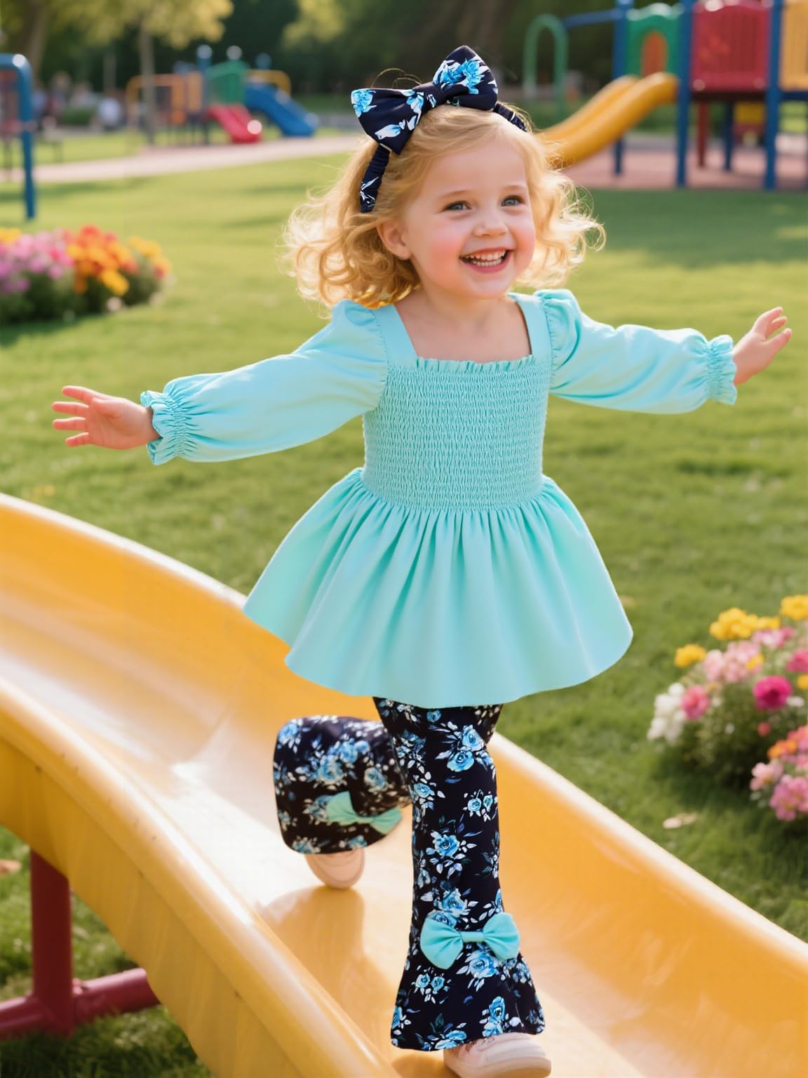 UNICOMIDEA Girls Clothes Set Shirt Top and Flare Pants with Bowknot 2-5T Kids 3 Piece Outfit For Girl