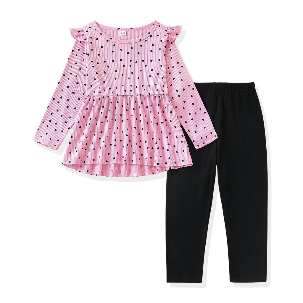 Toddler Girl Clothes Ruffle Long Sleeve Heart Print Tops and Pants 2PC Little Girl Winter Outfits Size (4-7T)