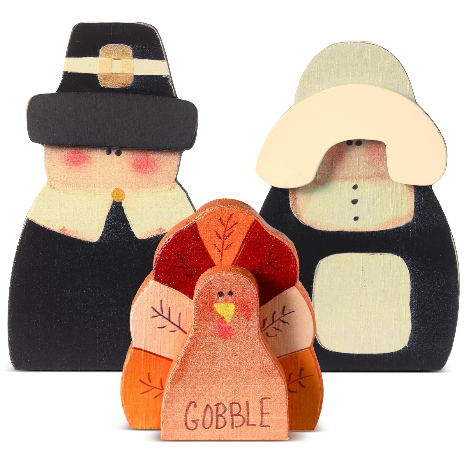 3 Pcs Fall Thanksgiving Decorations Fall Wooden Turkey Pilgrim Couple Table Sign Thanksgiving Standing Tabletop Decor for Autumn Harvest Indoor Tabletop(Turkey)