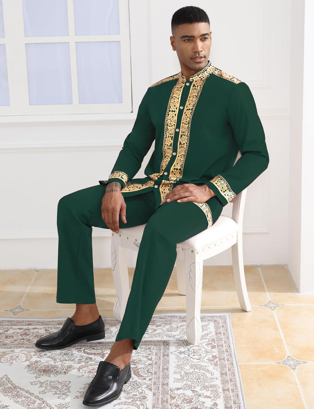 Mens African 2 Piece Set Nigerian Dashiki Metallic Traditional Suit Gold Stamp Printed Shirt and Pants Outfit