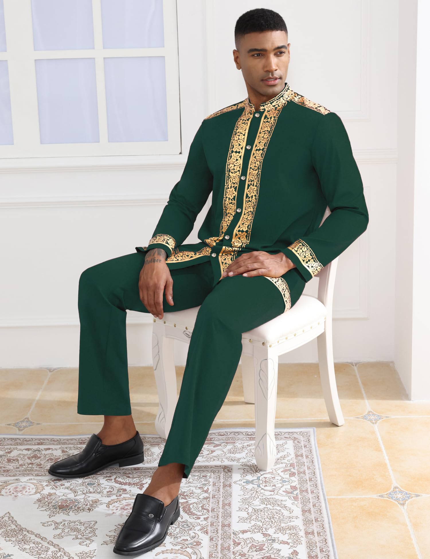 Mens African 2 Piece Set Nigerian Dashiki Metallic Traditional Suit Gold Stamp Printed Shirt and Pants Outfit