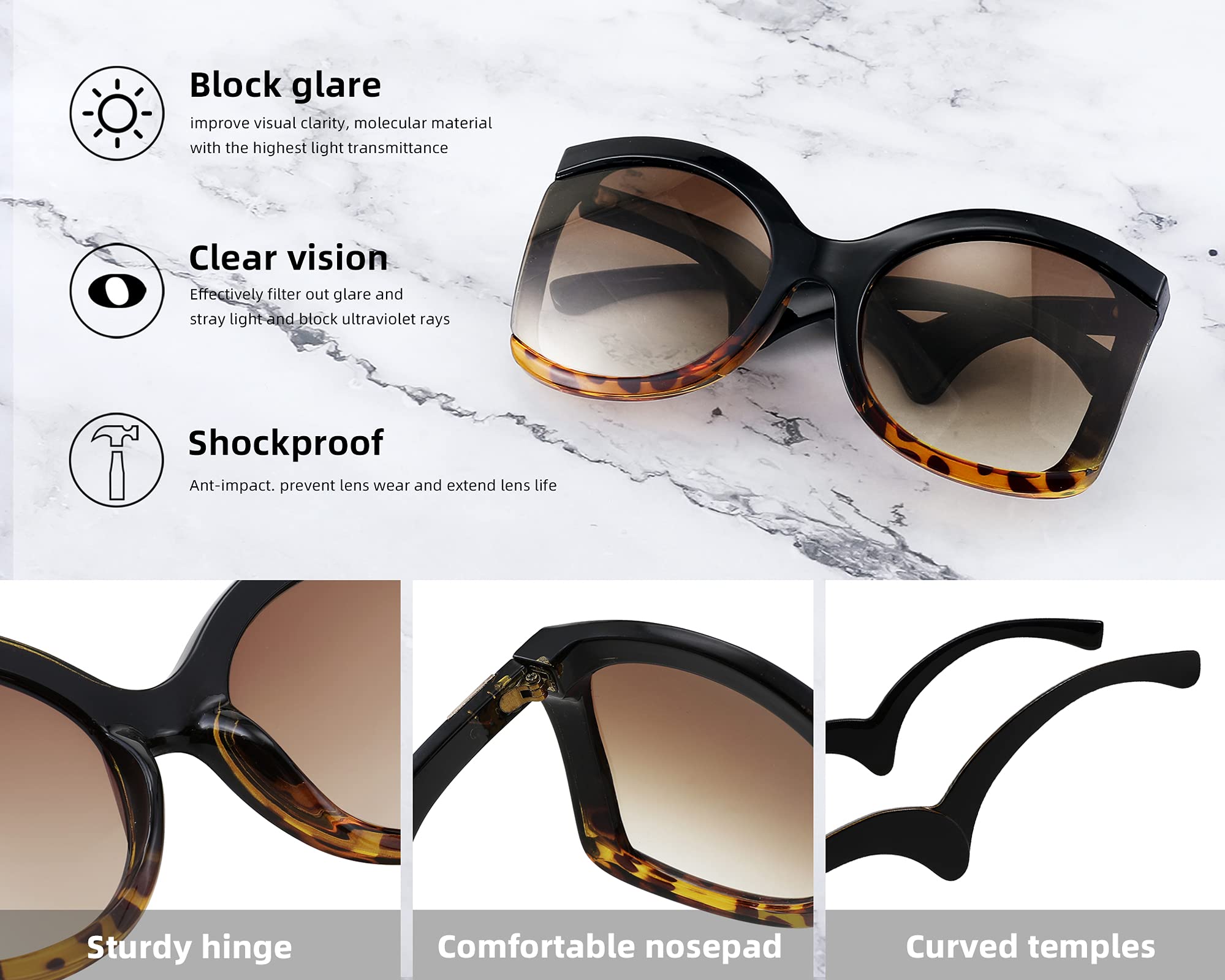 FEISEDY Oversized Square Butterfly Sunglasses Curved Curly Arm Frame Women's Fashion Shades B4035