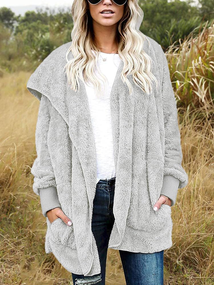 CHICGAL Womens Fuzzy Jacket Hooded Cardigan Open Front Sherpa Coat Outwear with Pockets
