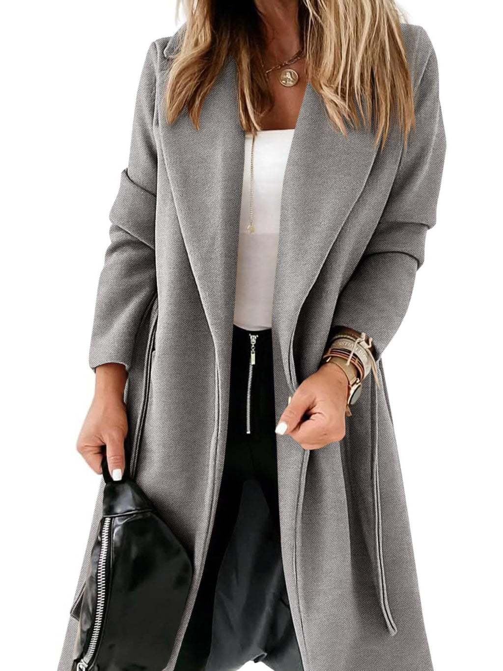 Womens Classic Coat Lapel Collar Open Front Belted Long Jacket
