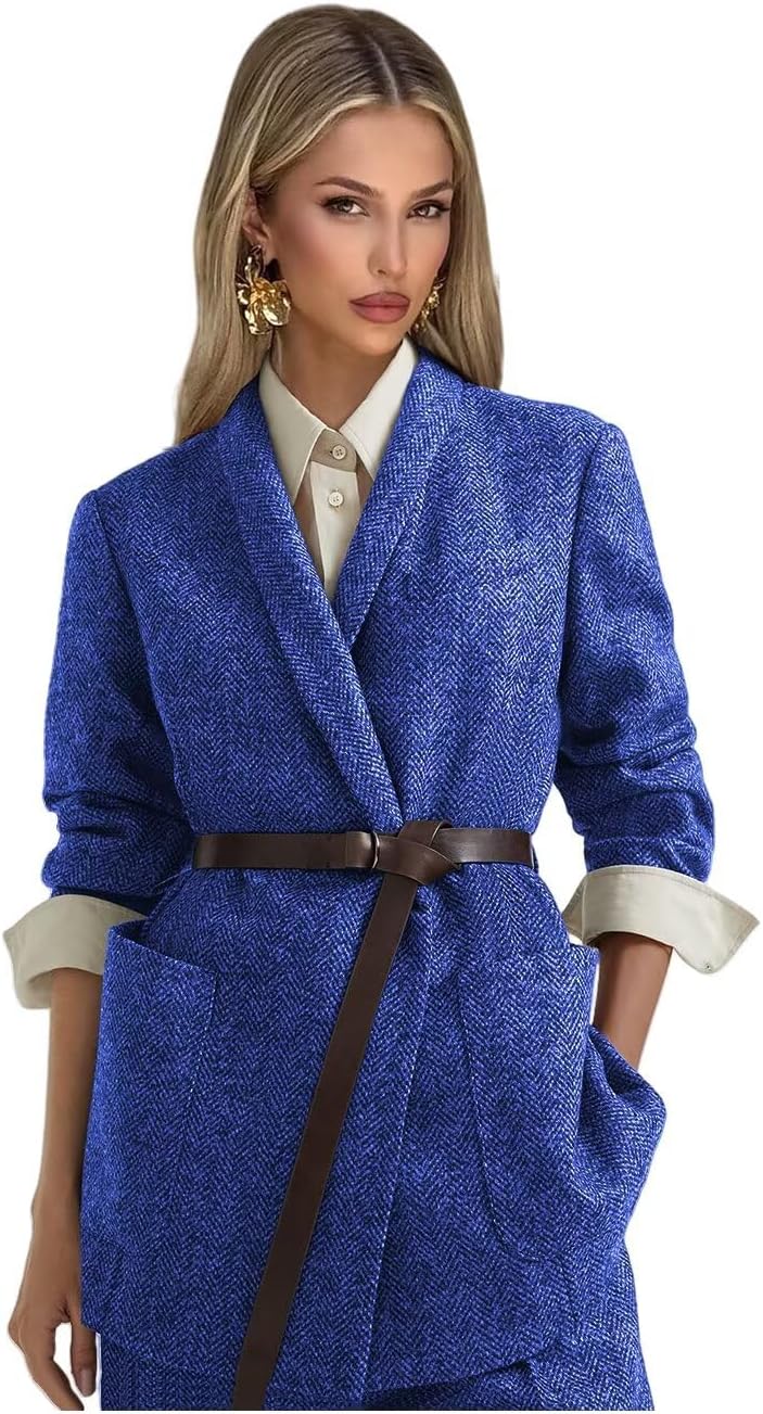 Tweed Suits for Women Dressy 2 Piece Herringbone Blazer and Pants with Belt Shawl Lapel Business Casual Outfits