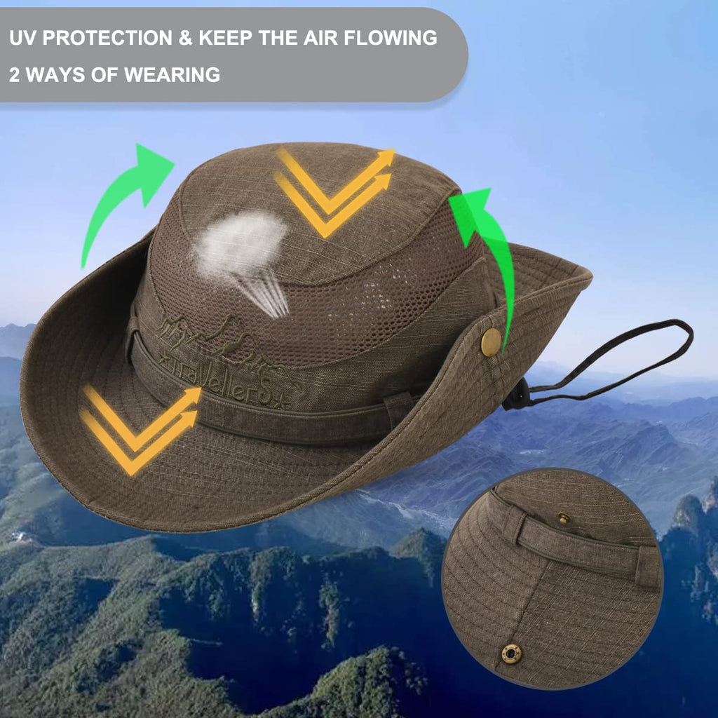 Sun Hat for Men, Cotton Embroidery Summer Outdoor Sun Protection Wide Brim Bucket Hat Foldable Safari Boonie Hat
