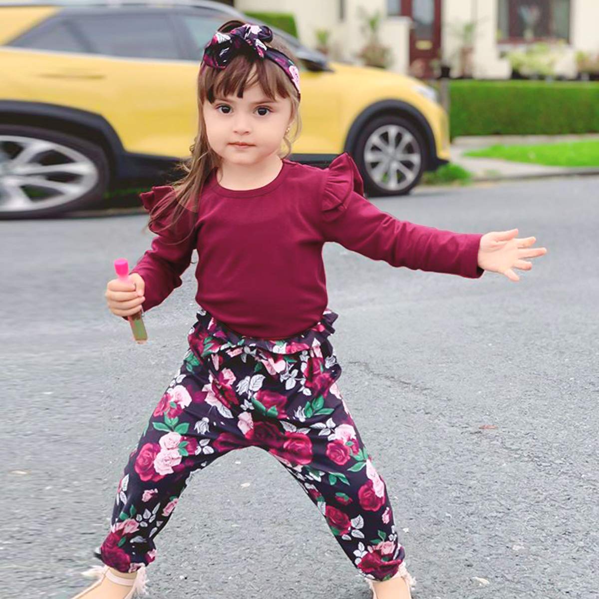 YALLET 3Pcs Toddler Girl Clothes Solid Color Long Sleeves Ruffle Top+Floral Pants+Headband 1-6 Years Fall/Winter Outfits Set