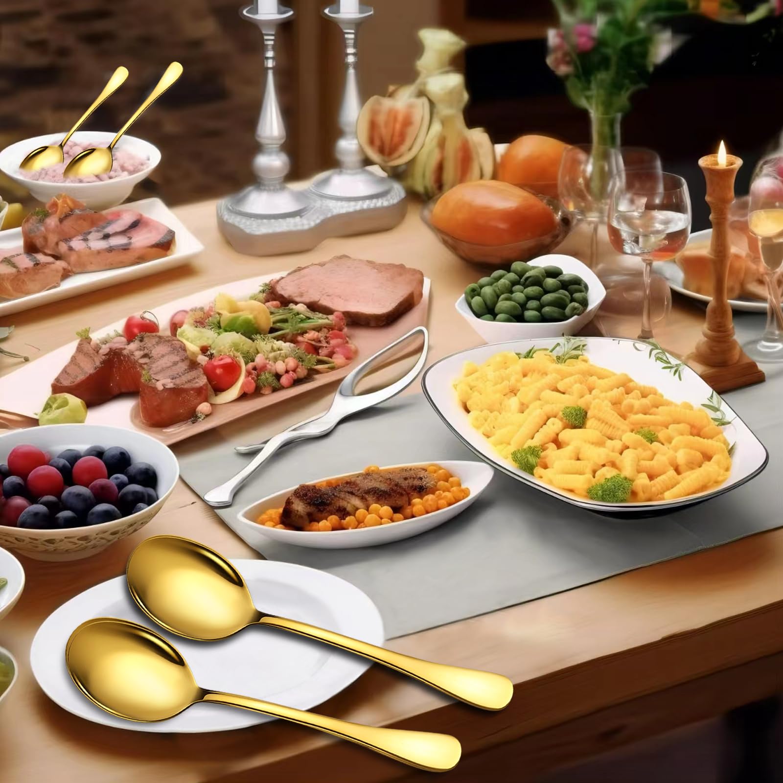 6 Piece Stainless Steel Serving Spoons Set, 10-Inch, Includes 2 Spoon/Slotted/Forks for Parties/Kitchen/Buffet/Catering, Dishwasher Safee