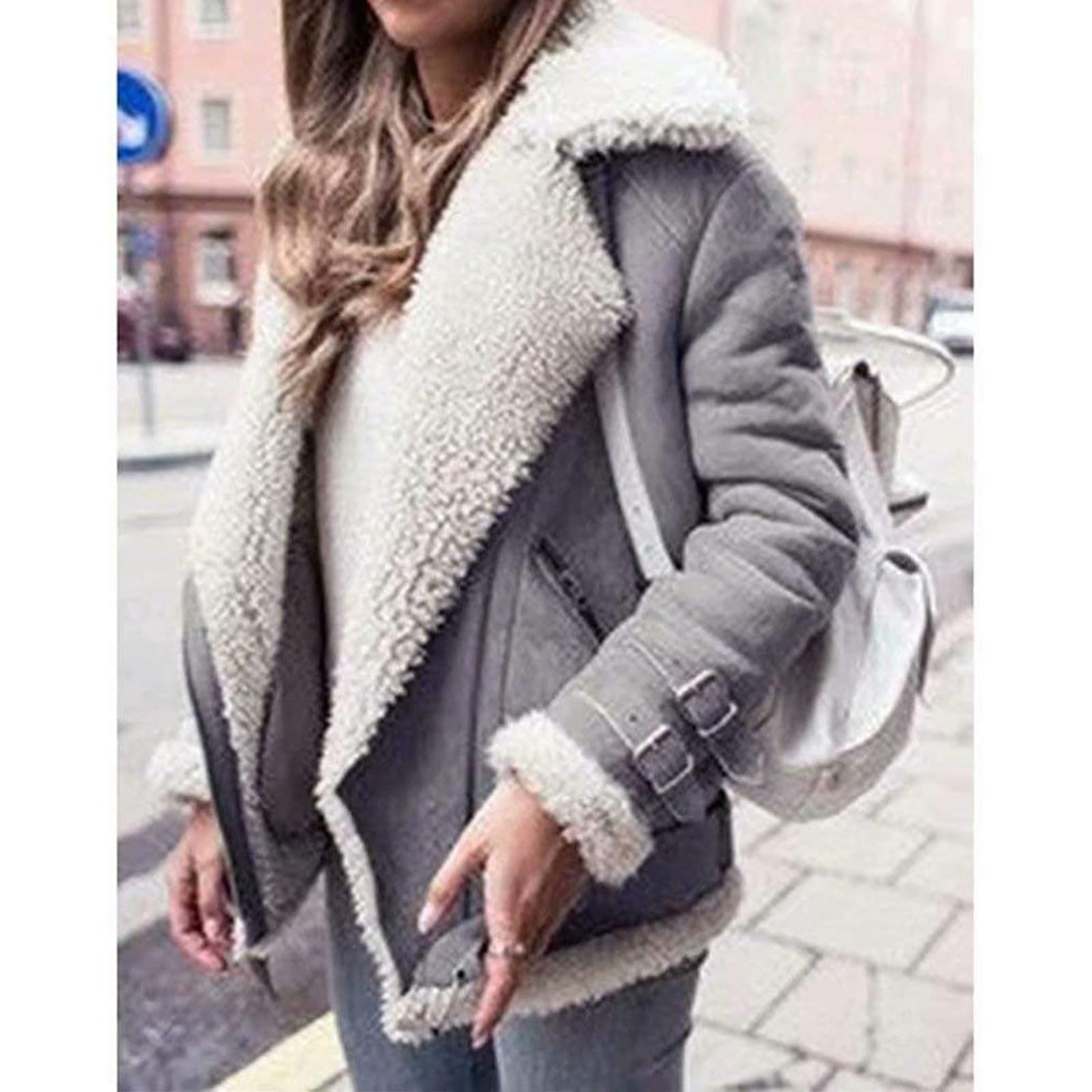 Women Sherpa Lined Coat Lapel Zip Up Winter Thicked Outwear Oversized Leather Faux Suede Fleece Shearling Jacket