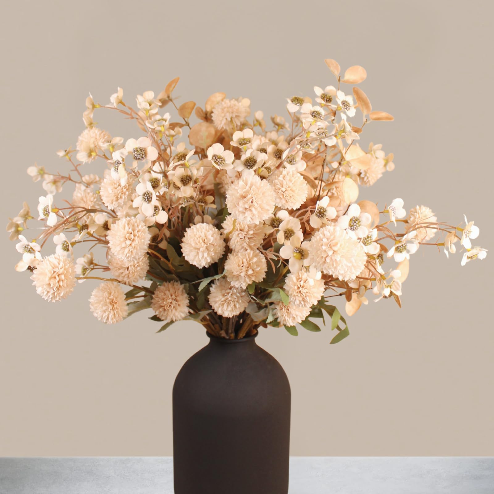 Fall Flowers, Burnt Orange Faux Kiku Flowers Artificial 10 Stems + Eucalyptus, Fake Silk Mums Fall Floral Centerpiece, Autumn Decor, Terracotta Mini Balls Faux Stems For Vase, Decoración de Otoño