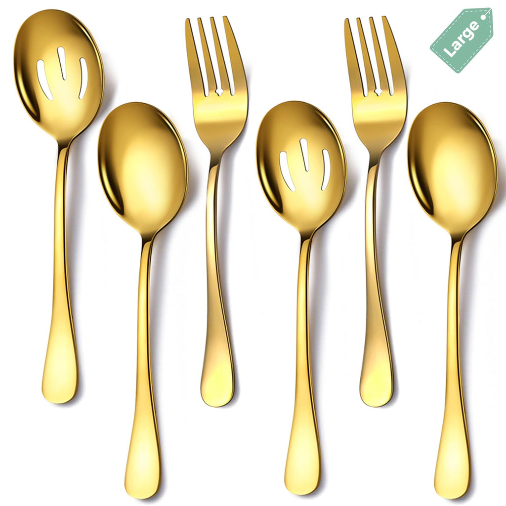 6 Piece Stainless Steel Serving Spoons Set, 10-Inch, Includes 2 Spoon/Slotted/Forks for Parties/Kitchen/Buffet/Catering, Dishwasher Safee