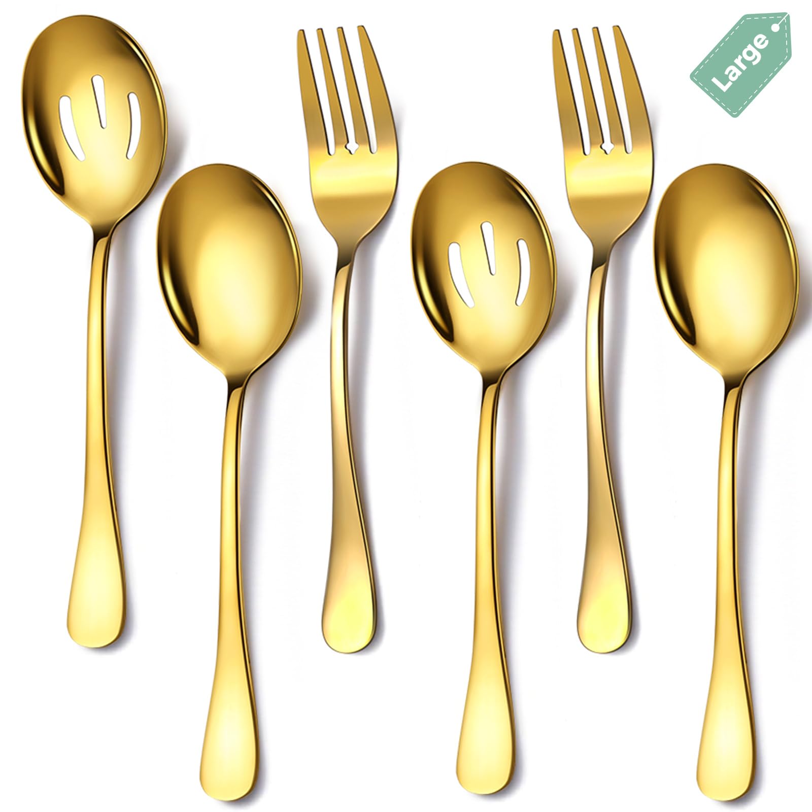 6 Piece Stainless Steel Serving Spoons Set, 10-Inch, Includes 2 Spoon/Slotted/Forks for Parties/Kitchen/Buffet/Catering, Dishwasher Safee