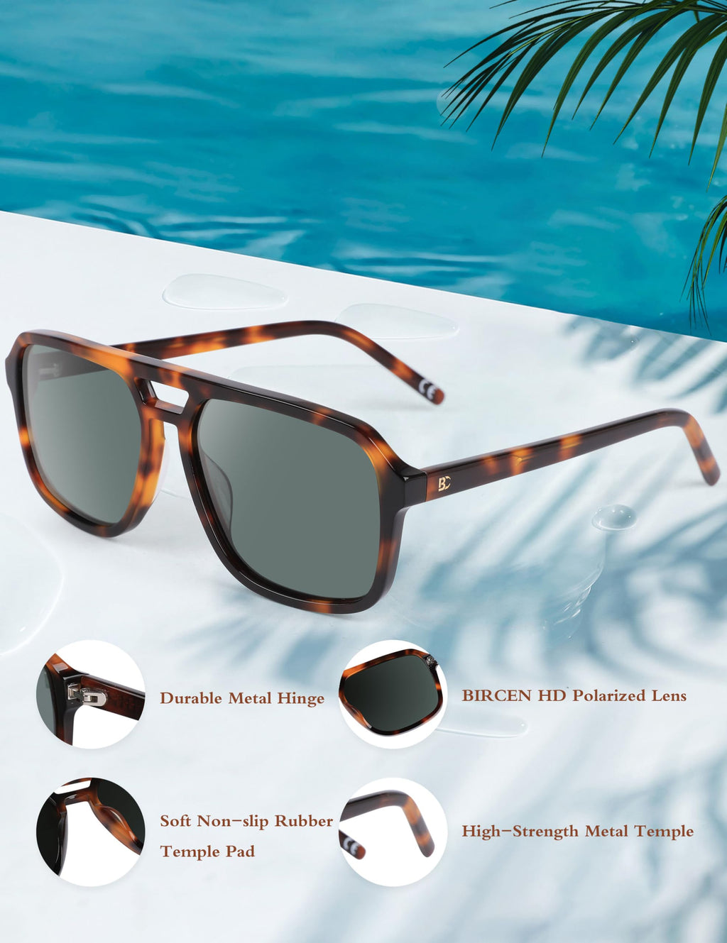 BIRCEN Women Polarized Acetate Sunglasses: Fashion Square Aviator Shades UV Protection for Trendy Laides Travel Beach Outdoor