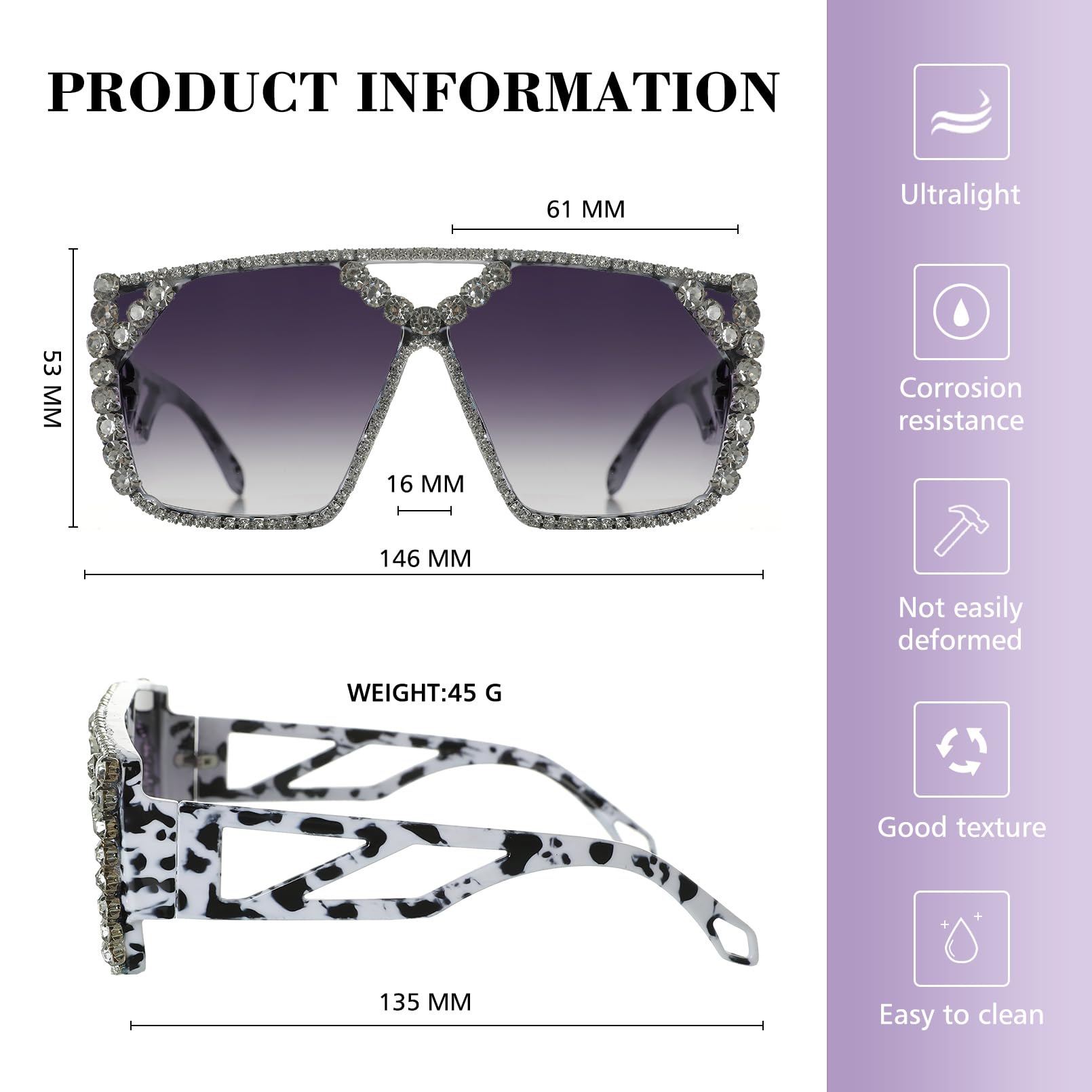 YOGFIT Oversized Square Diamond Sunglasses for Women Fashion Sparkling Crystal Retro Disco Sunglasses