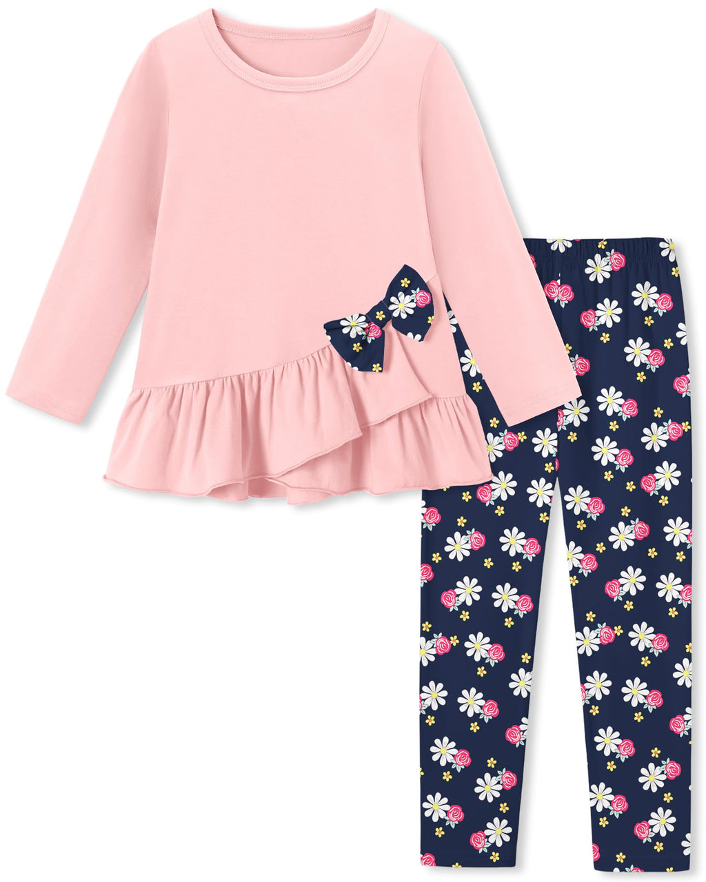 Toddler Girl Clothes 18M-8T Girls Fall Winter Outfit, Long Sleeve Ruffle Bowknot Top + Floral Pants 2Pcs Clothing Set