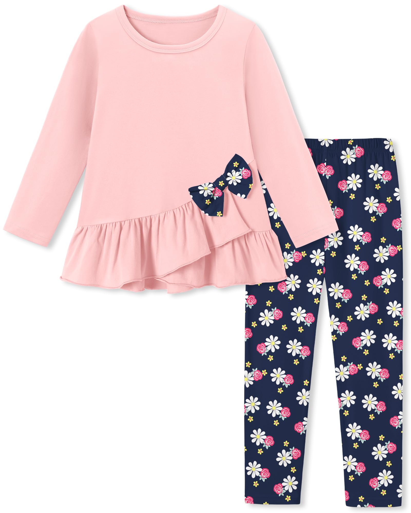 Toddler Girl Clothes 18M-8T Girls Fall Winter Outfit, Long Sleeve Ruffle Bowknot Top + Floral Pants 2Pcs Clothing Set