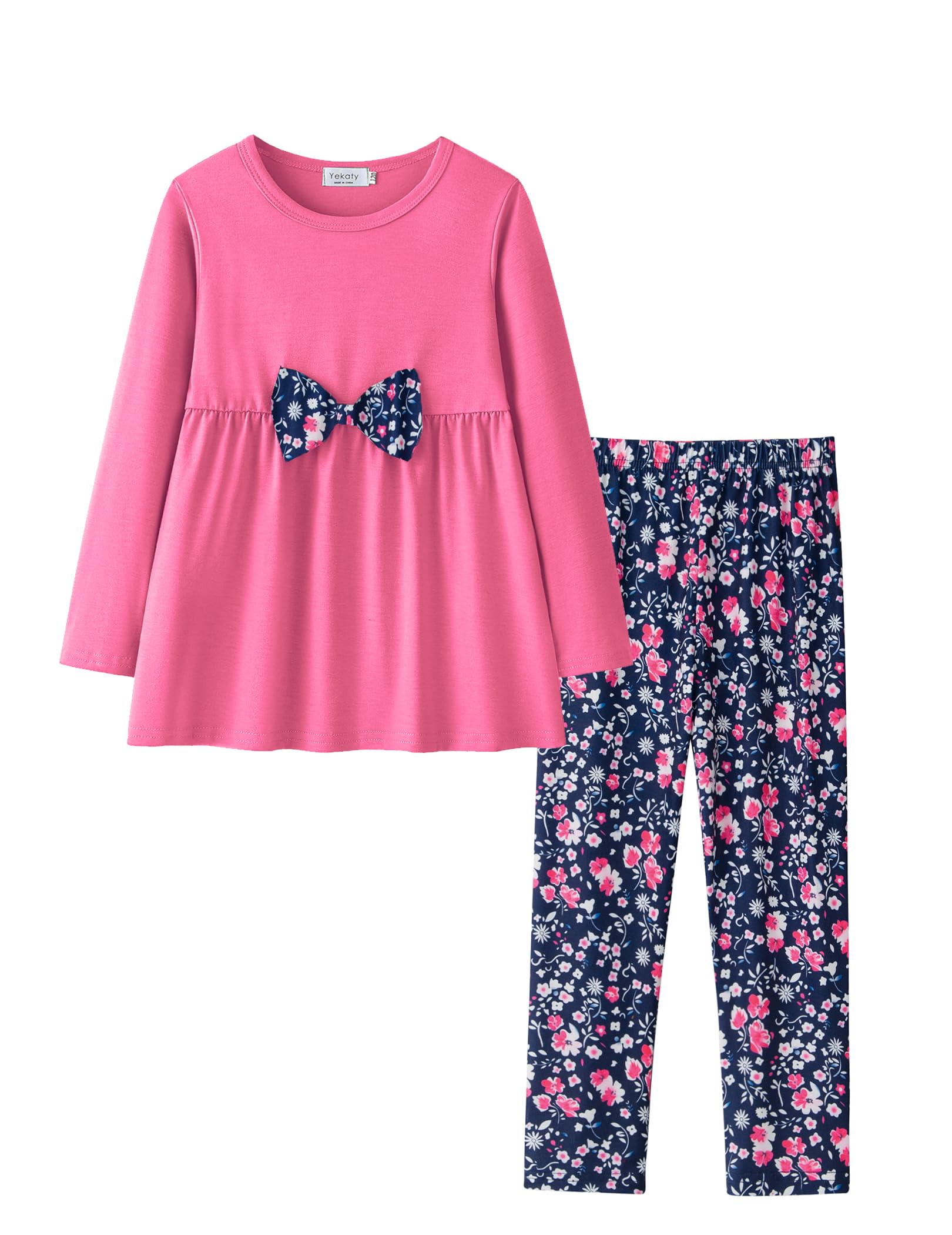 Yekaty Girls Clothing Set 2 Pcs Floral Soft Crewneck Long Sleeve Top+Leggings Loose Outfits With Bowknot