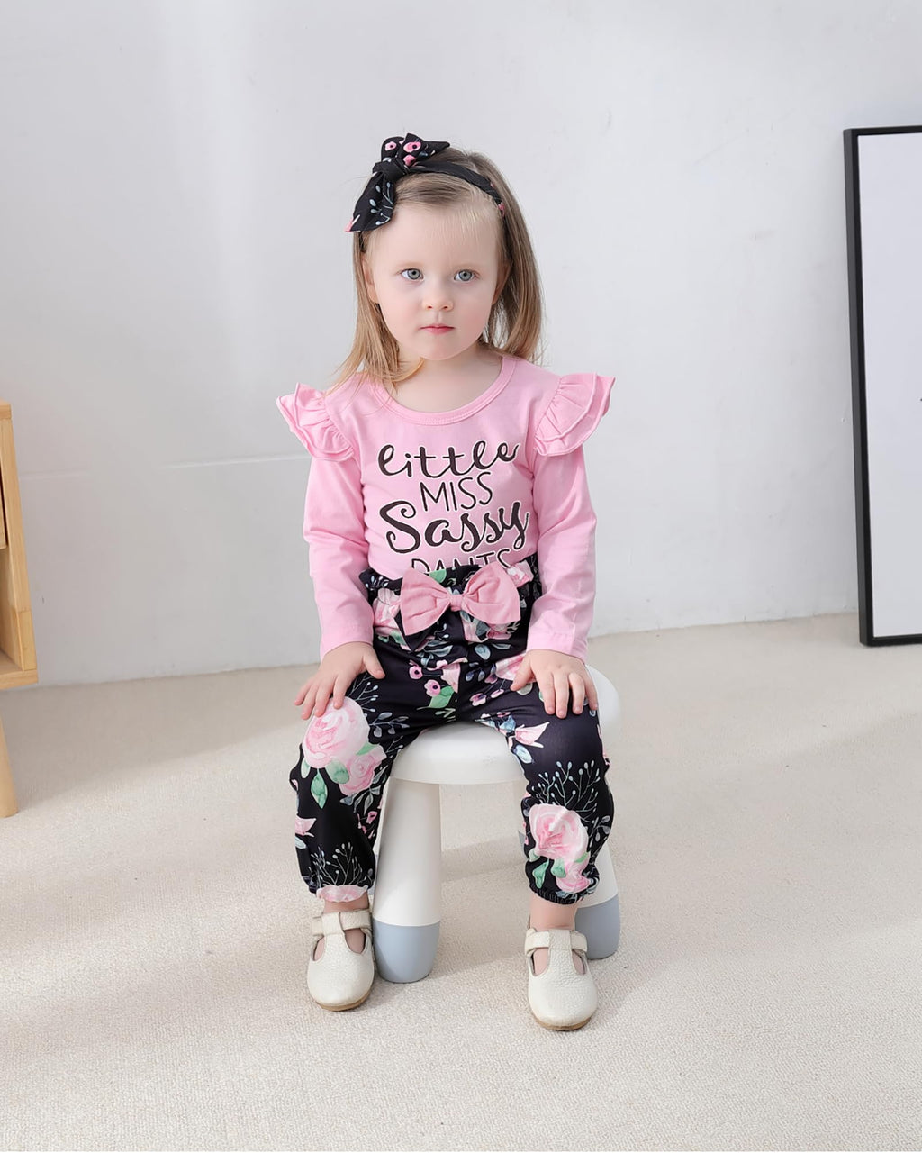 YALLET 3Pcs Toddler Girl Clothes Solid Color Long Sleeves Ruffle Top+Floral Pants+Headband 1-6 Years Fall/Winter Outfits Set