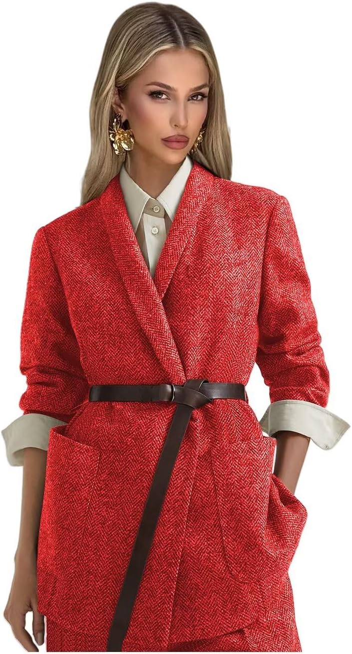Tweed Suits for Women Dressy 2 Piece Herringbone Blazer and Pants with Belt Shawl Lapel Business Casual Outfits