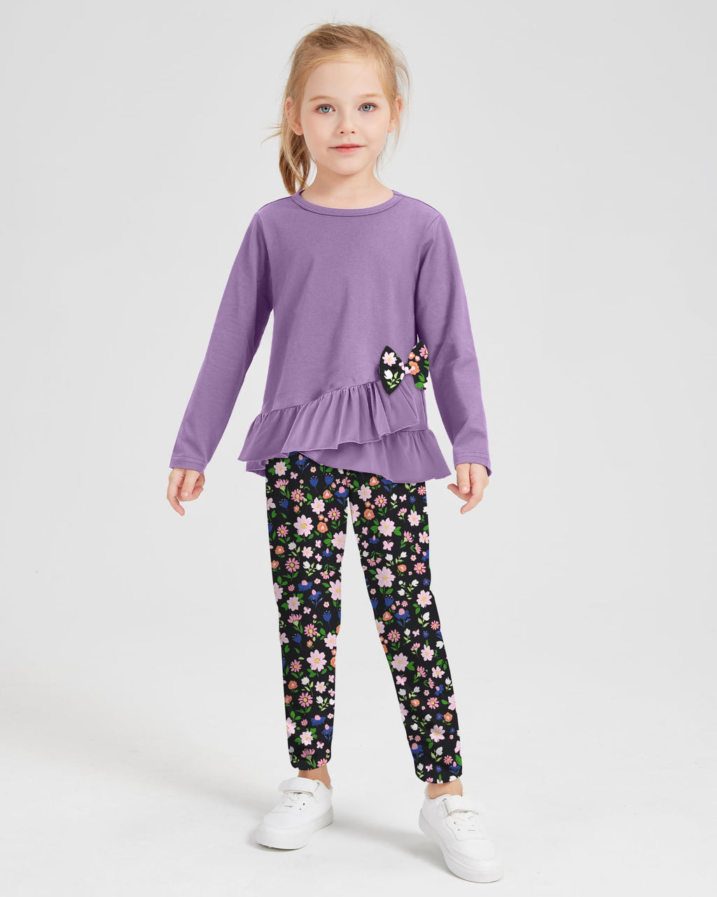 Toddler Girl Clothes 18M-8T Girls Fall Winter Outfit, Long Sleeve Ruffle Bowknot Top + Floral Pants 2Pcs Clothing Set