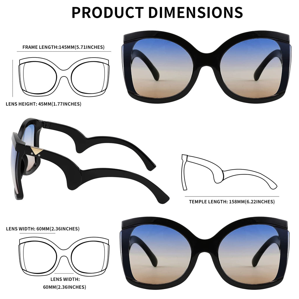 FEISEDY Oversized Square Butterfly Sunglasses Curved Curly Arm Frame Women's Fashion Shades B4035