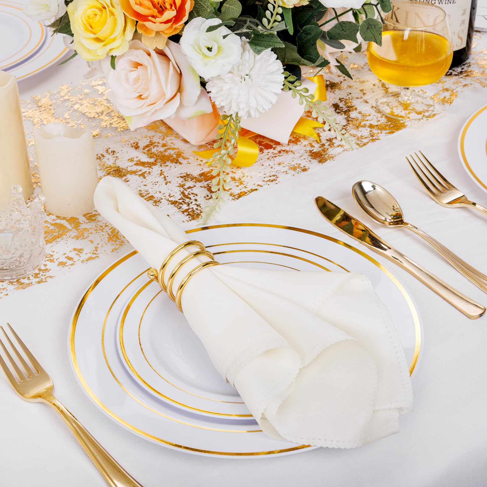 I00000 102 Pieces Gold Plastic Plates, Disposable Party Plates White Gold Rim, 51 Disposable Gold Dinner Plates 10.25 Inch and 51 Disposable Dessert Appetizer Elegant Fancy Wedding Plates 7.5 Inch