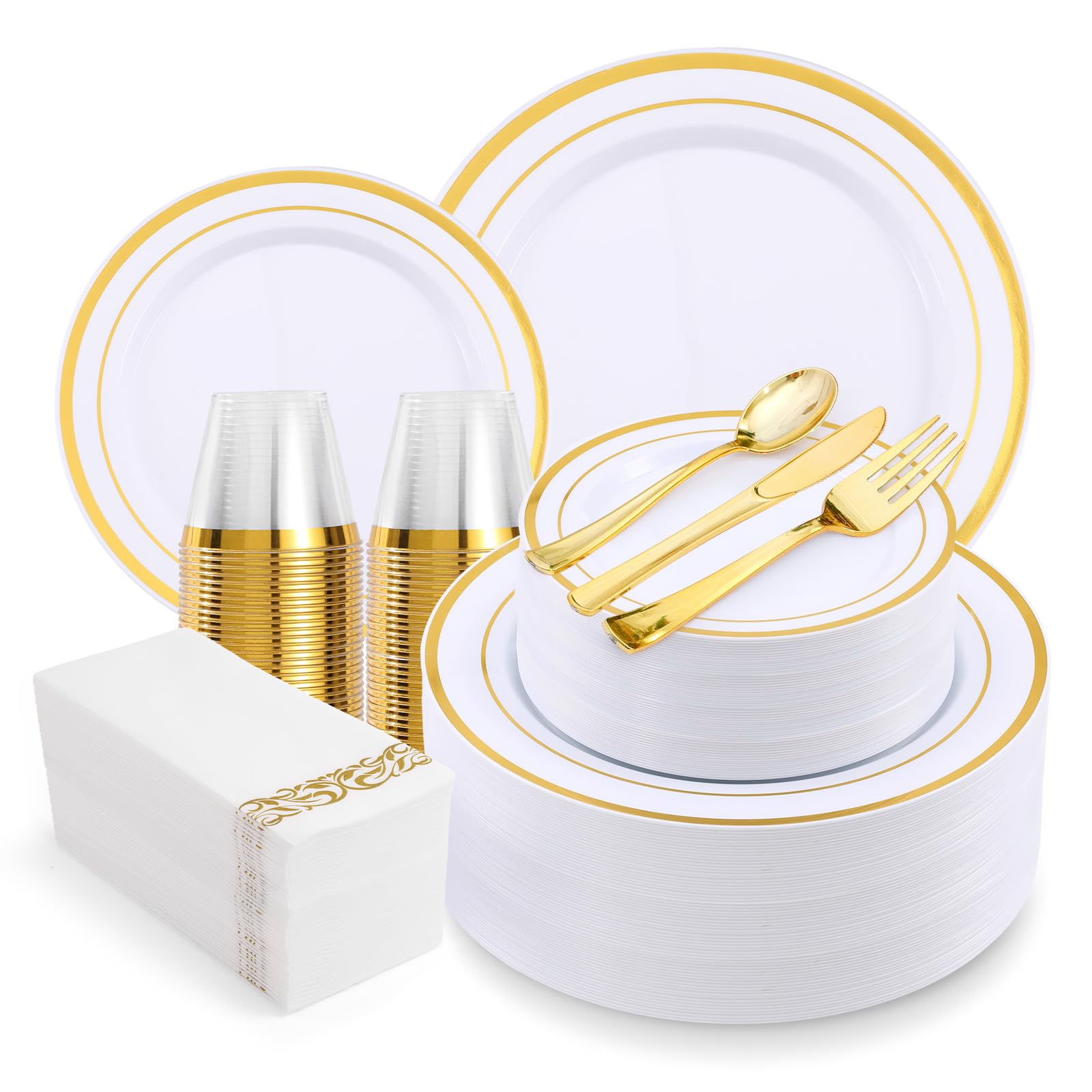 350-Piece Gold Rim Plastic Dinnerware Set for 50 Guests, Elegant Disposable Dinnerware for Party, Wedding. Includes Dinner Plates, Dessert Plates, Gold Silverware, Napkins, Cups