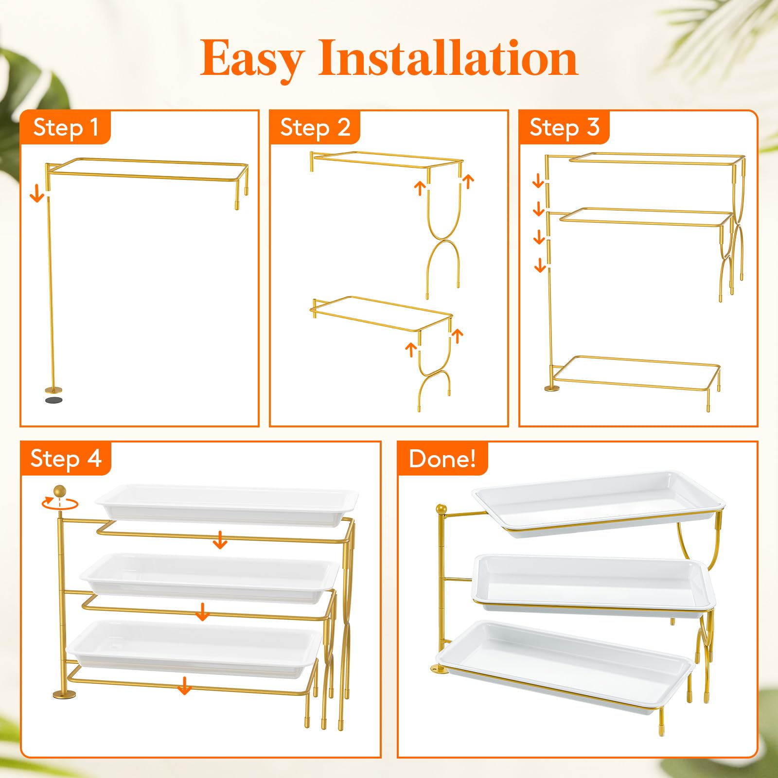 Lifewit 3 Tier Serving Tray for Party, 12" x 6.5" Plastic Tiered Food Serving Platters, White Rotatable Tiered Tray Stand with Gold Collapsible Metal Stand, Dessert Table Display Set for Buffet