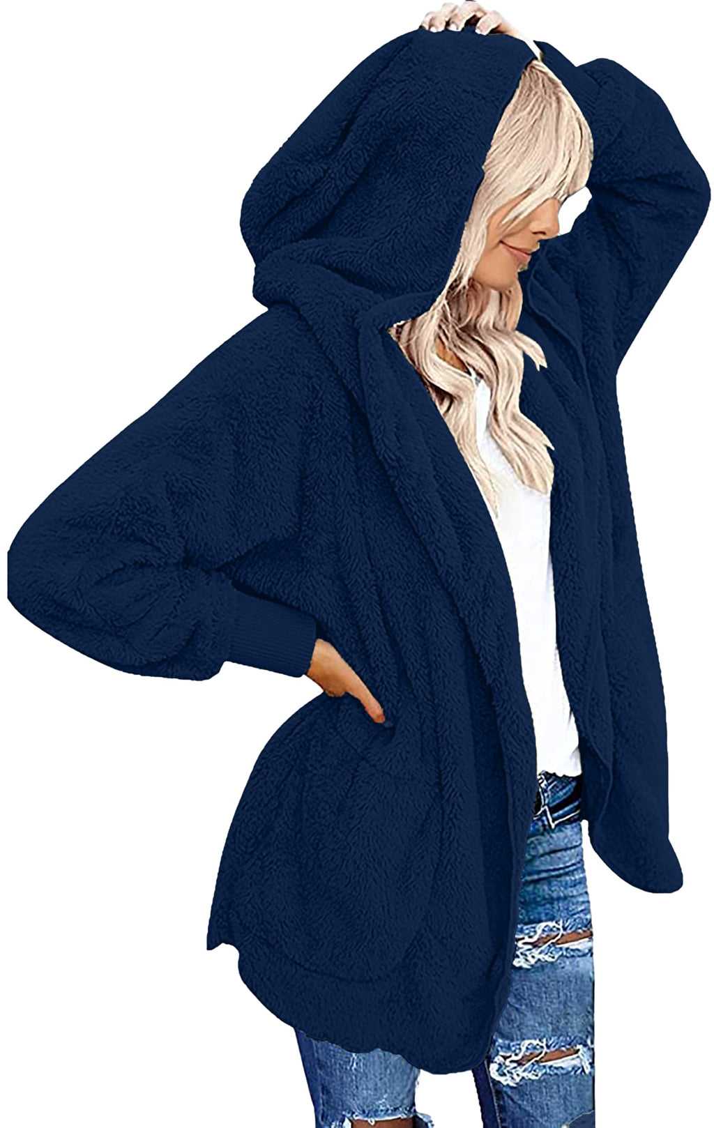 CHICGAL Womens Fuzzy Jacket Hooded Cardigan Open Front Sherpa Coat Outwear with Pockets