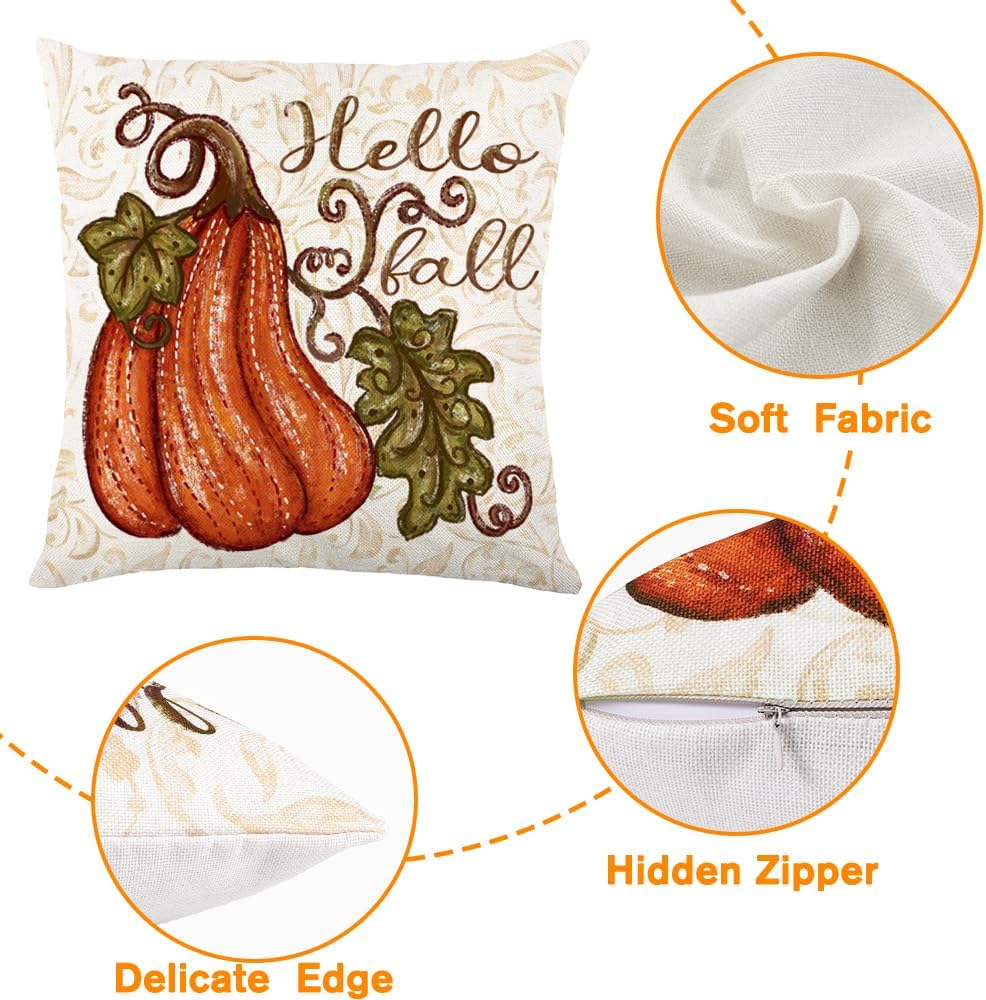 4pcs Fall Thanksgiving Pillow Covers 18x18in, Pumpkin Happy Fall Thankful Grateful Blessed Harvest Leaves Decorations Autumn Seasonal Throw Cushion Case for Farmhouse Home Sofa Couch