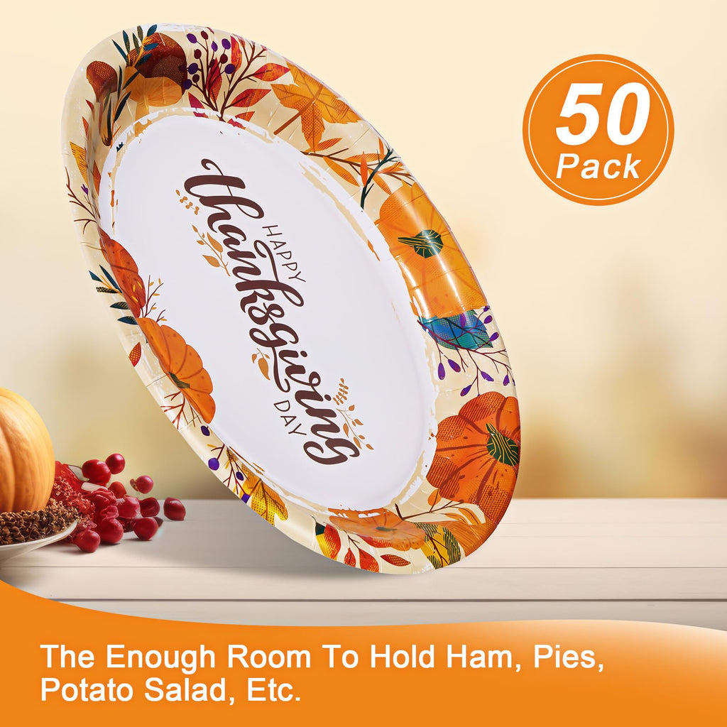 50 Count Thanksgiving Oval Paper Plates, 10" x 12.5" Large Disposable Dinner Serving Party Platters Heavy Duty, Autumn Fall Harvest Party Supply Thanksgiving Decor