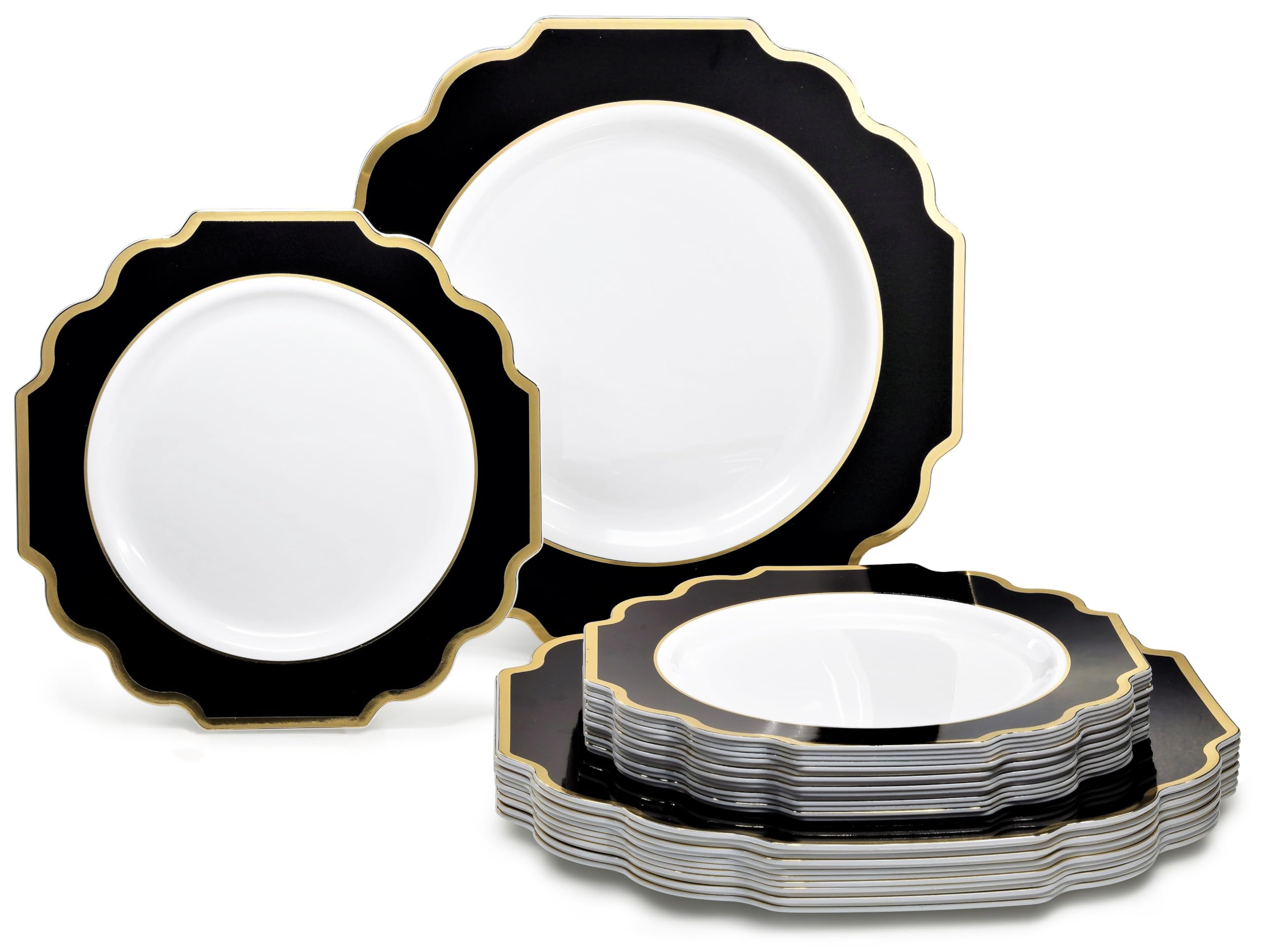 " OCCASIONS " 50 Plates Pack (25 Guests)-Heavyweight Wedding Party Disposable Plastic Plate Set -(25x10.5'' Dinner + 25x8'' Salad/Dessert) (Imperial White & Gold)