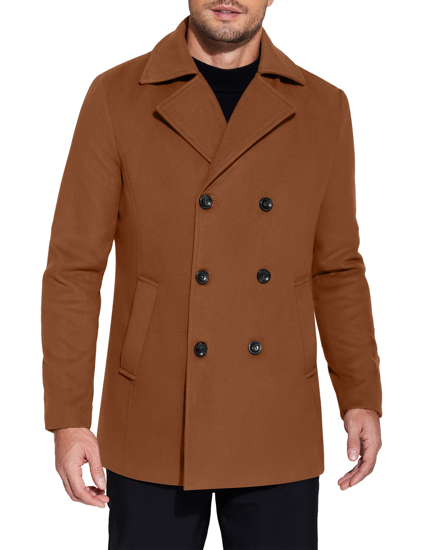 COOFANDY Men's Double Breasted Pea Coat Winter Overcoat Short Trench Coat Notched Collar